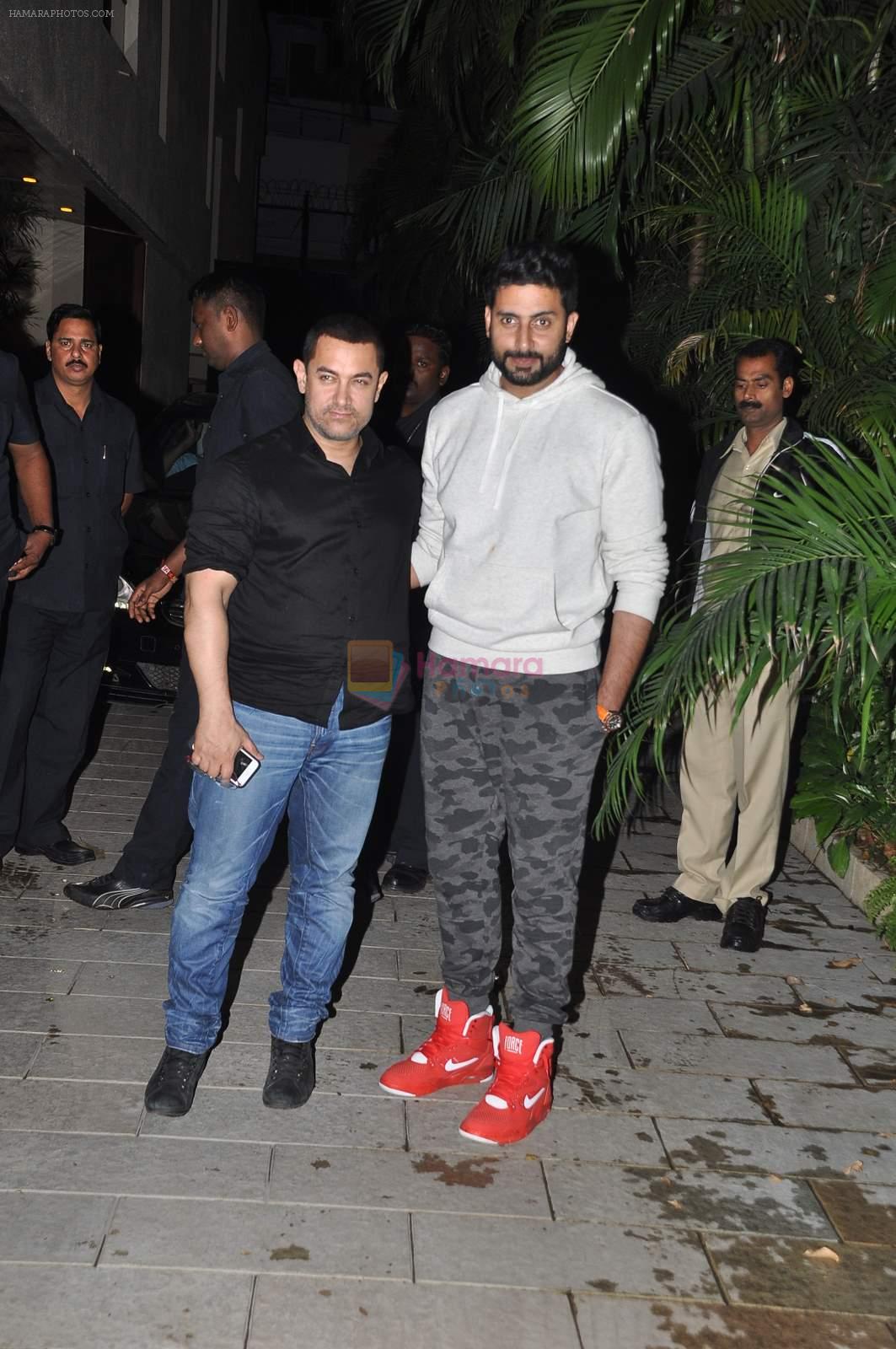Aamir Khan, Abhishek Bachchan at Big B house in celebration of Kunal Kapoor's upcoming wedding in Mumbai on 1st Feb 2015