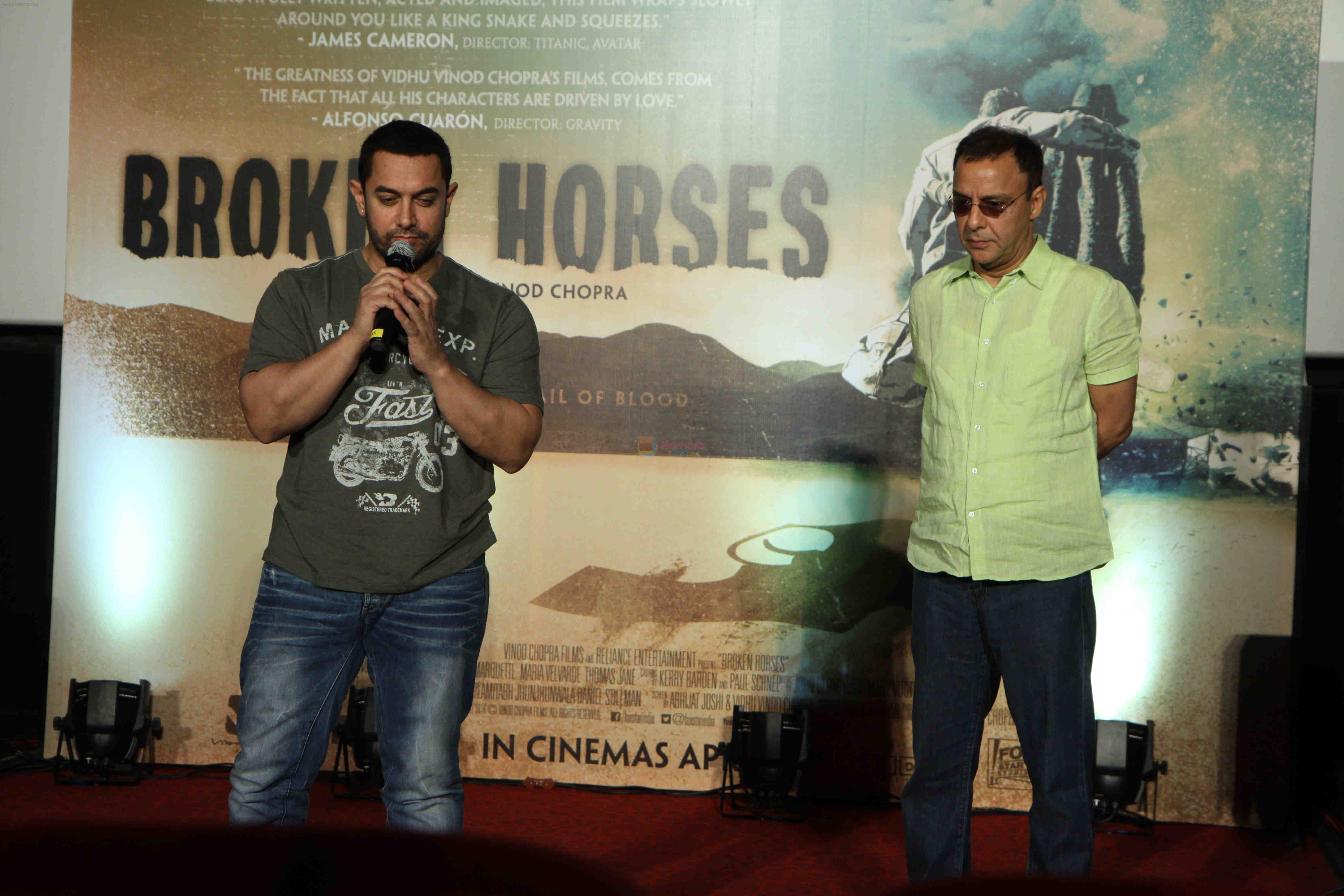 Aamir Khan, Vidhu Vinod Chopra at the trailer launch of Vidhu Vinod Chopra's maiden Hollywood film Broken Horses in PVR Cinemas on 10th March 2015