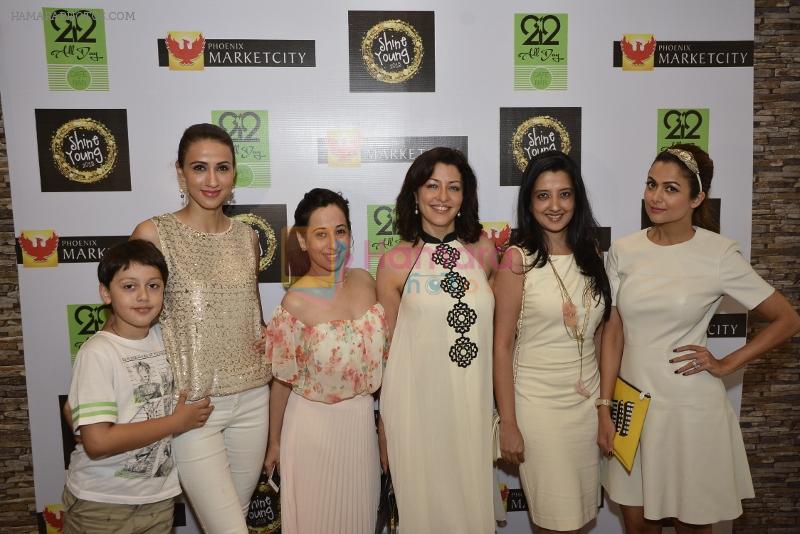 Amrita Arora, Aamy Billimoria, Aditi Govitrikar, Vahbiz Meh, Alesia Raut and son Mark at the launch of Shine Young 2015 at Phoenix Marketcity Kurla