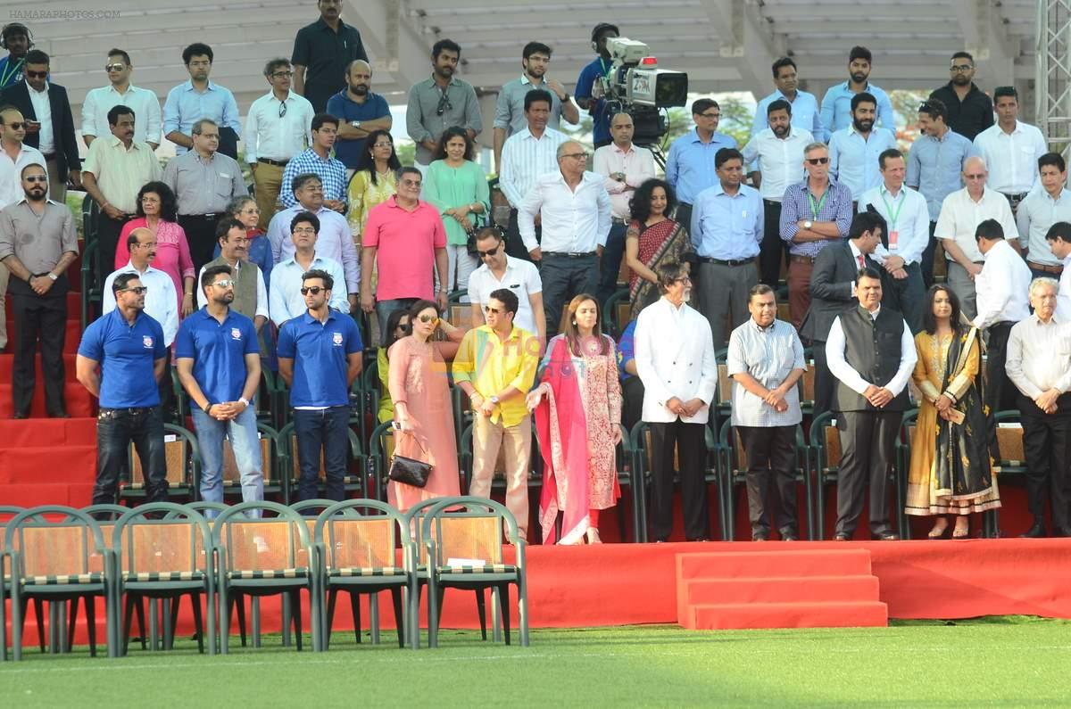 Sachin Tendulkar, Amitabh Bachchan, Nita Ambani, Mukesh Ambani at the launch of Reliance Foundations Jio Gardens and organises Young Champs Football match on 27th May 2015