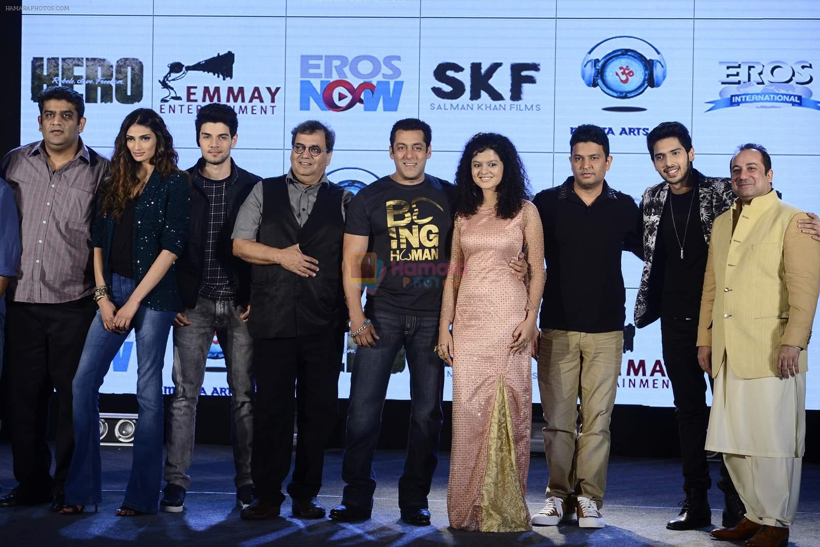 Salman Khan, Athiya Shetty, Sooraj Pancholi,Amaal Mallik, Nikhil Advani, Subhash Ghai, Palak Muchchal, Bhushan Kumar at Hero music launch in Taj Lands End on 6th Sept 2015 (68