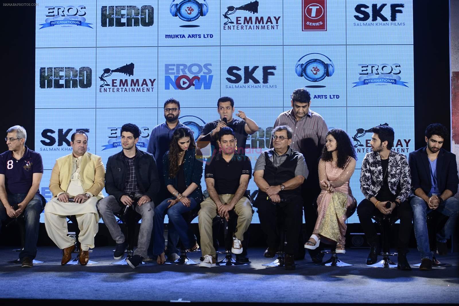 Salman Khan, Athiya Shetty, Sooraj Pancholi,Amaal Mallik, Nikhil Advani, Subhash Ghai, Palak Muchchal, Bhushan Kumar at Hero music launch in Taj Lands End on 6th Sept 2015