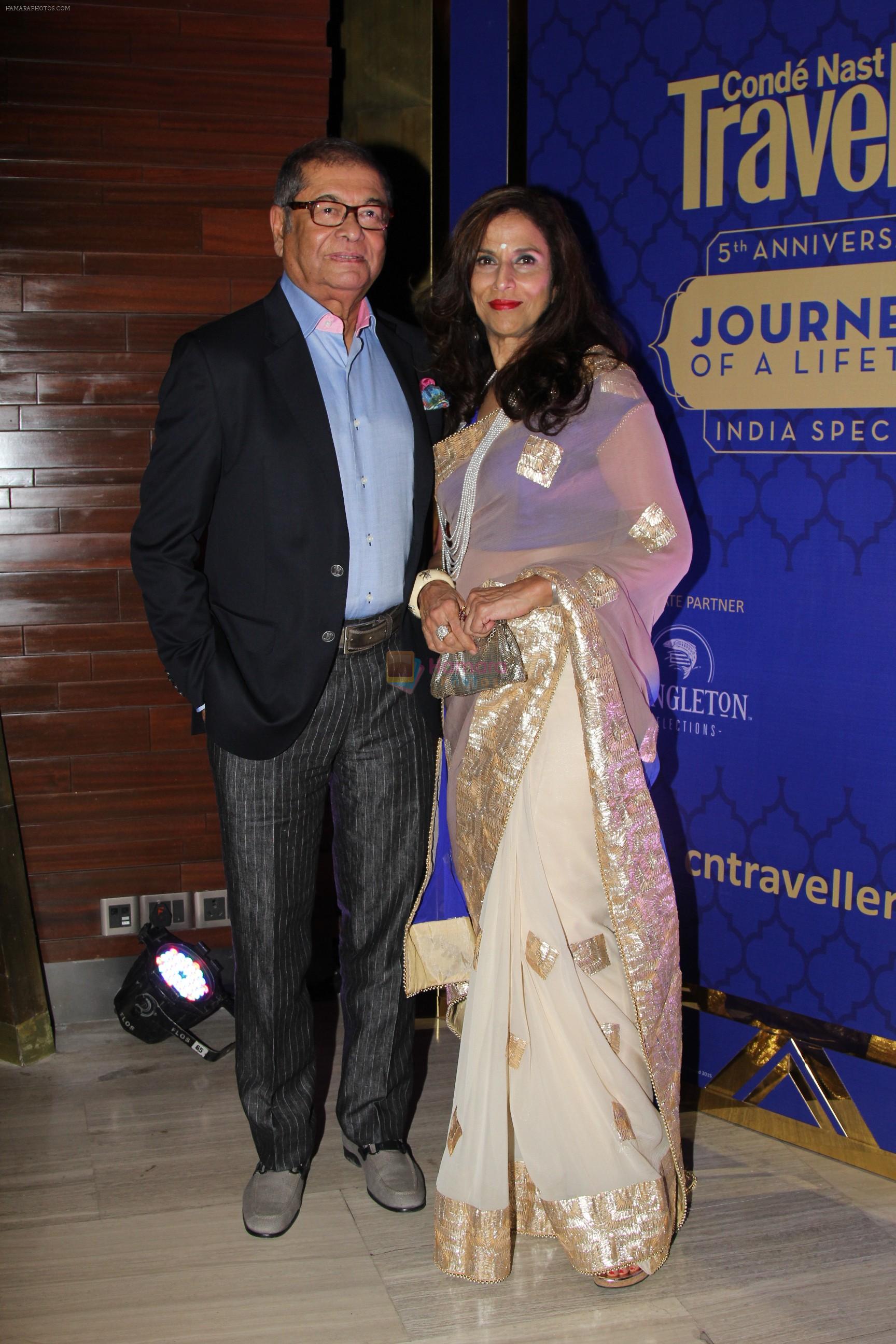 Shobhaa De with husband Dilip De at Conde Nast Traveller India's 5th anniversary celebrations with   _Journeys of a Lifetime_, St Regis, Mumbai