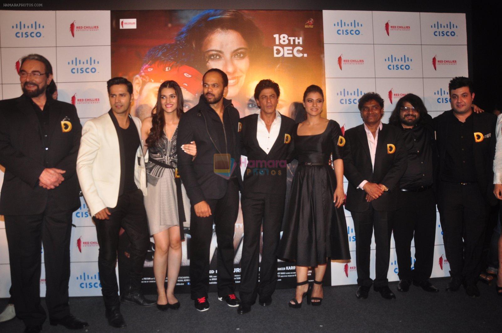 Rohit Shetty, Shahrukh Khan, Kajol, Varun Dhawan, Kriti Sanon,Varun Sharma, Johnny Lever, Boman Irani, Kabir Bedi, Pritam Chakraborty at Dilwale Trailor launch on 9th Nov 2015