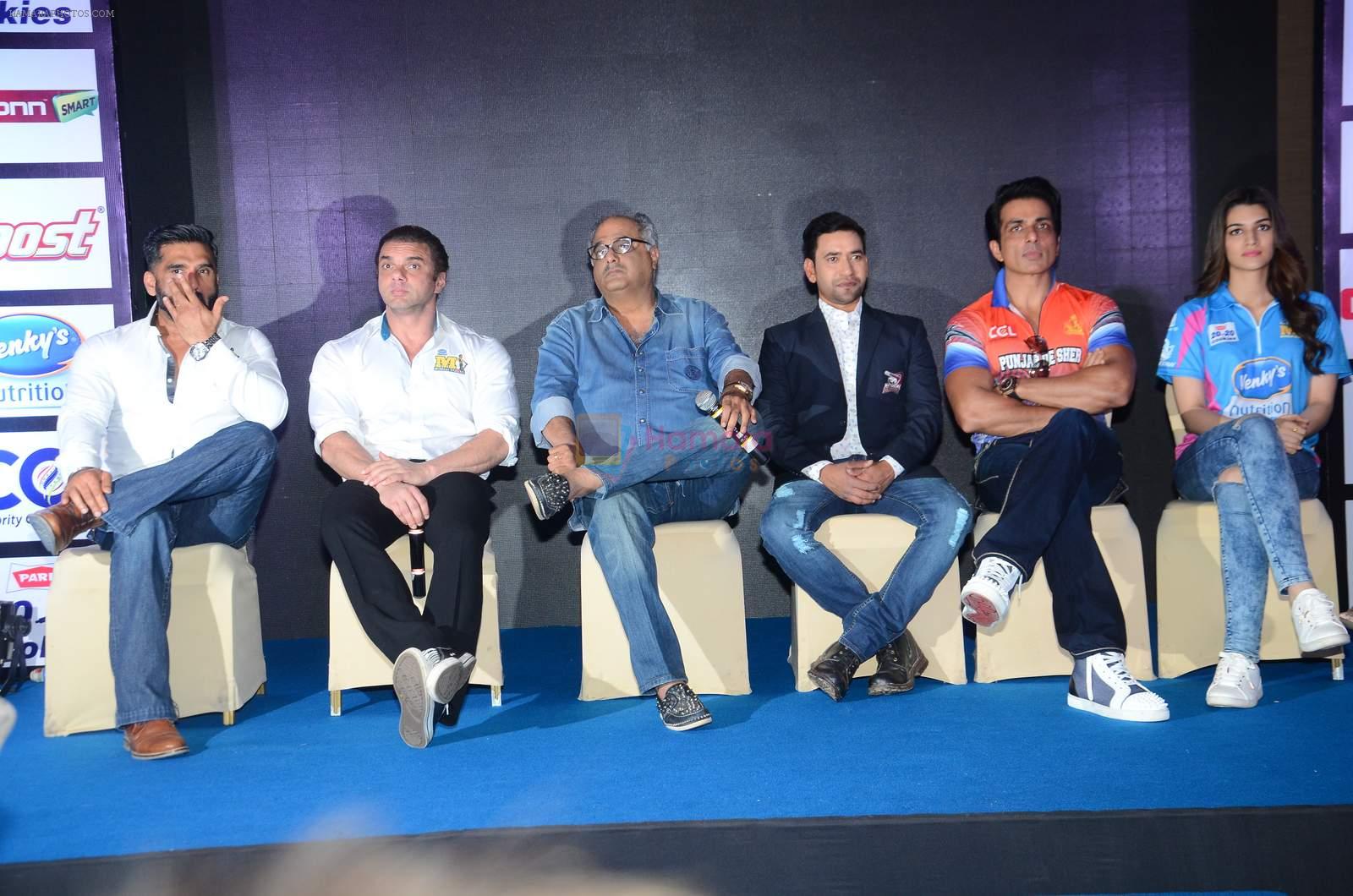 Sunil Shetty, Sohail Khan, Taapsee Pannu, Kriti Sanon, Riteish Deshmukh, Bobby Deol, Sonu Sood at CCL 6 launch in Mumbai on 11th Jan 2016