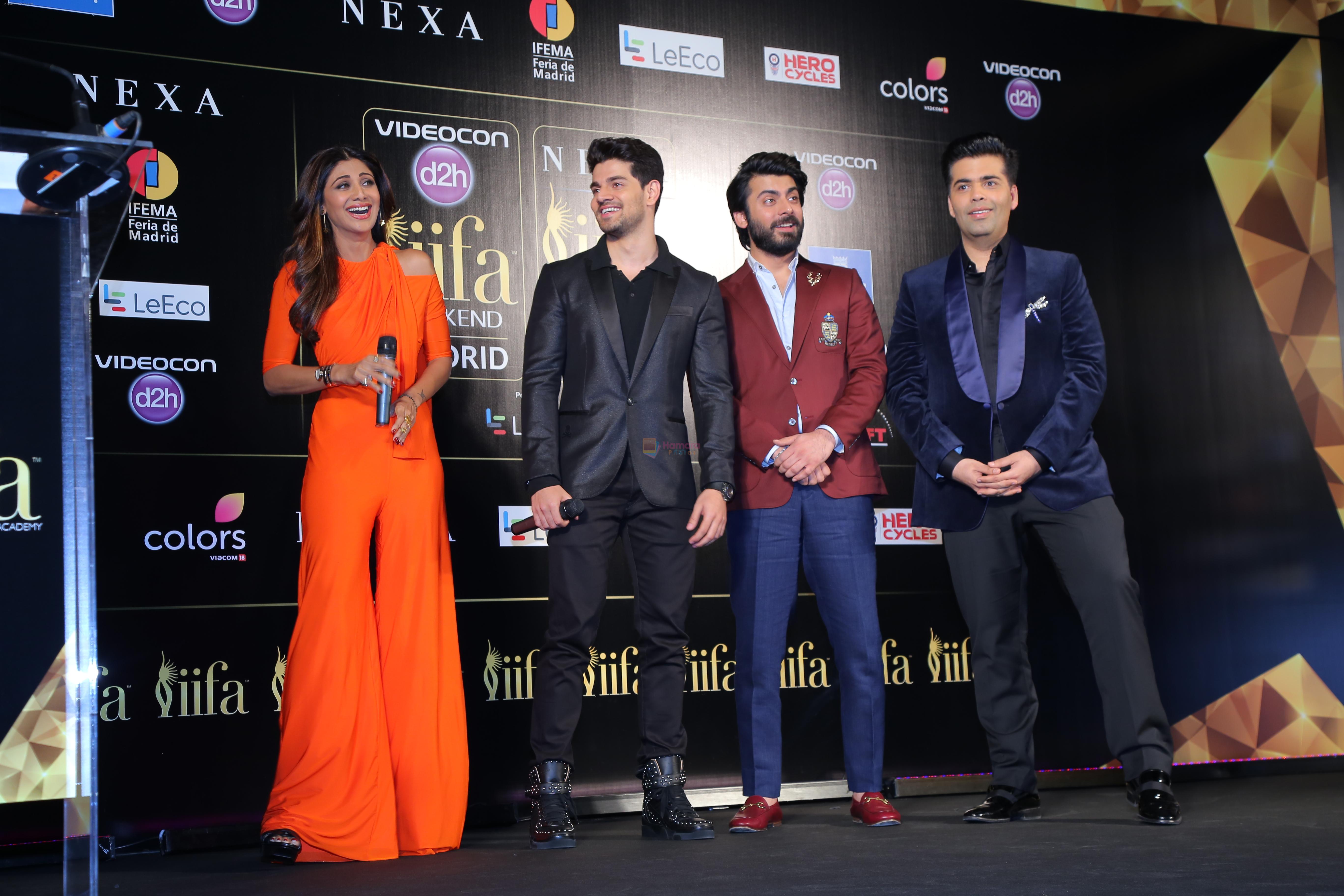 (L-R)Shilpa Shetty, Sooraj Pancholi, Fawad Khan and Karan Johar at the IIFA 2016 Opening Press Conference in Madrid