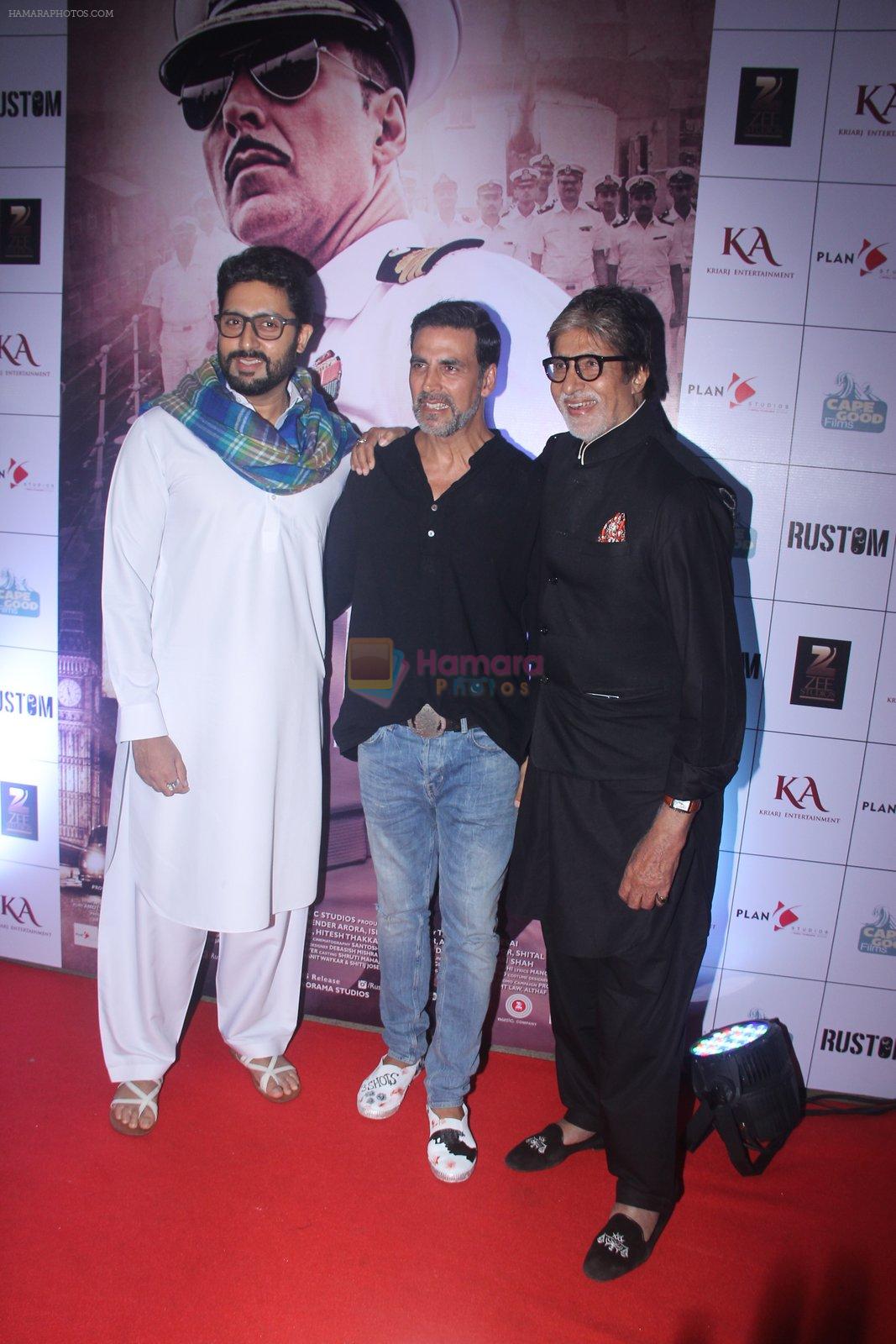 Amitabh Bachchan, Akshay Kumar, Abhishek Bachchan at Rustom screening in Sunny Super Sound on 11th Aug 2016