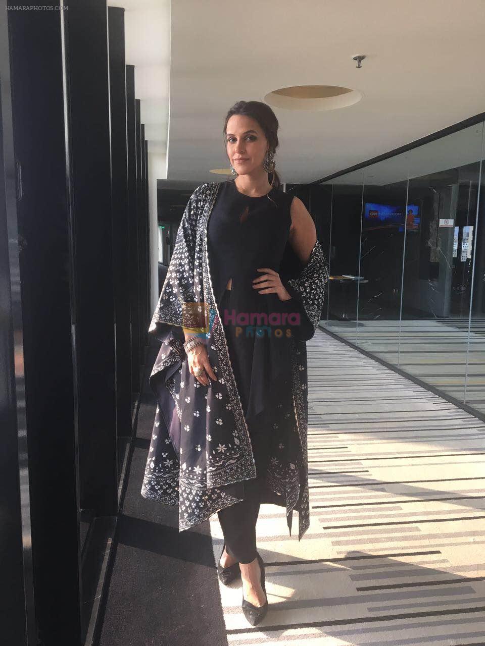 Neha Dhupia spotted wearing AMPM Couture with Sangeeta Broocha jewels for the promotions of her upcoming movie, Moh Maaya Money in Kolkata on 14th Nov 2016