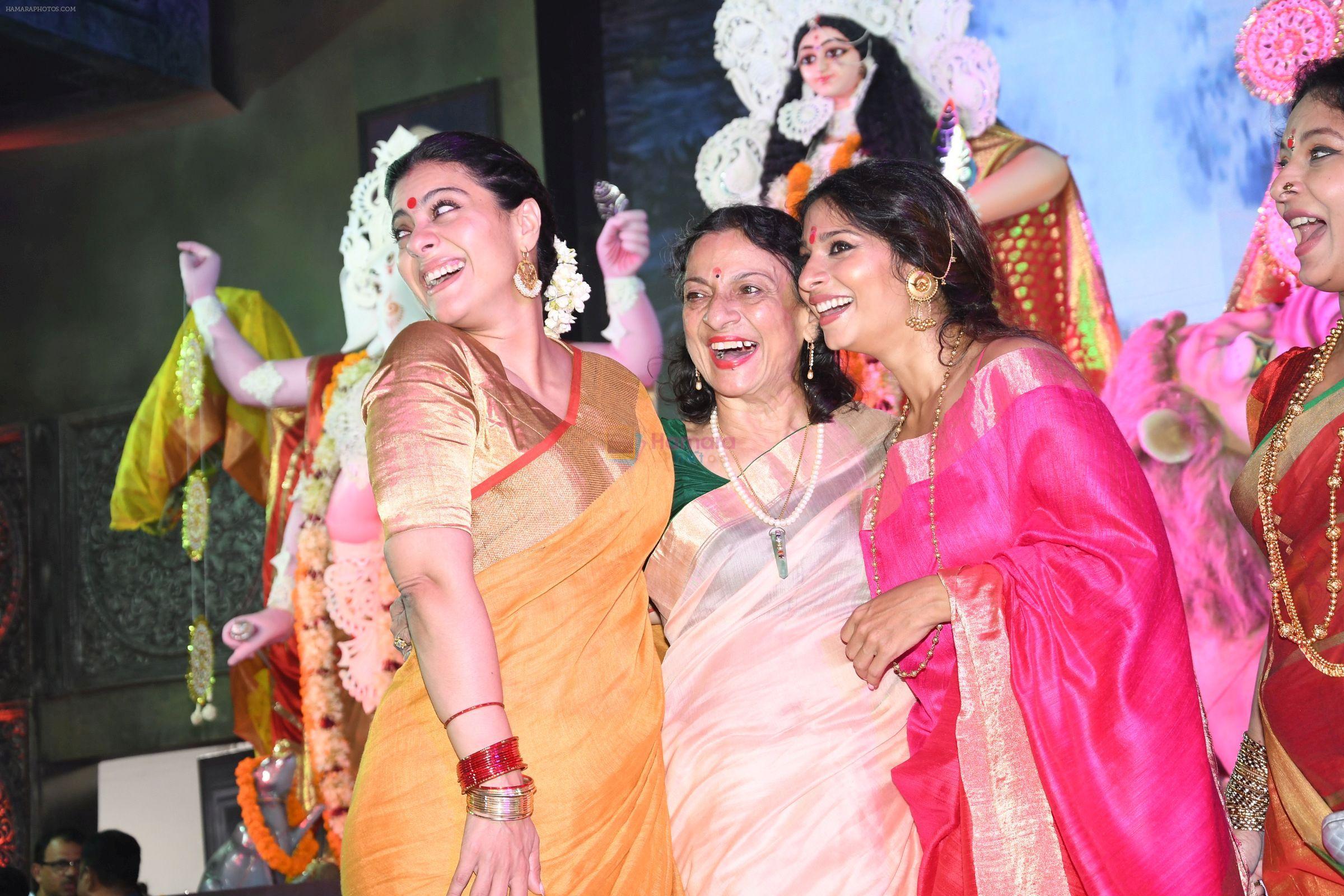 Kajol Devgan with Tanuja Mukherjee and Tanisha Mukherjee at North Bombay Sarbojanin Durga Puja on 29th Sept 2017