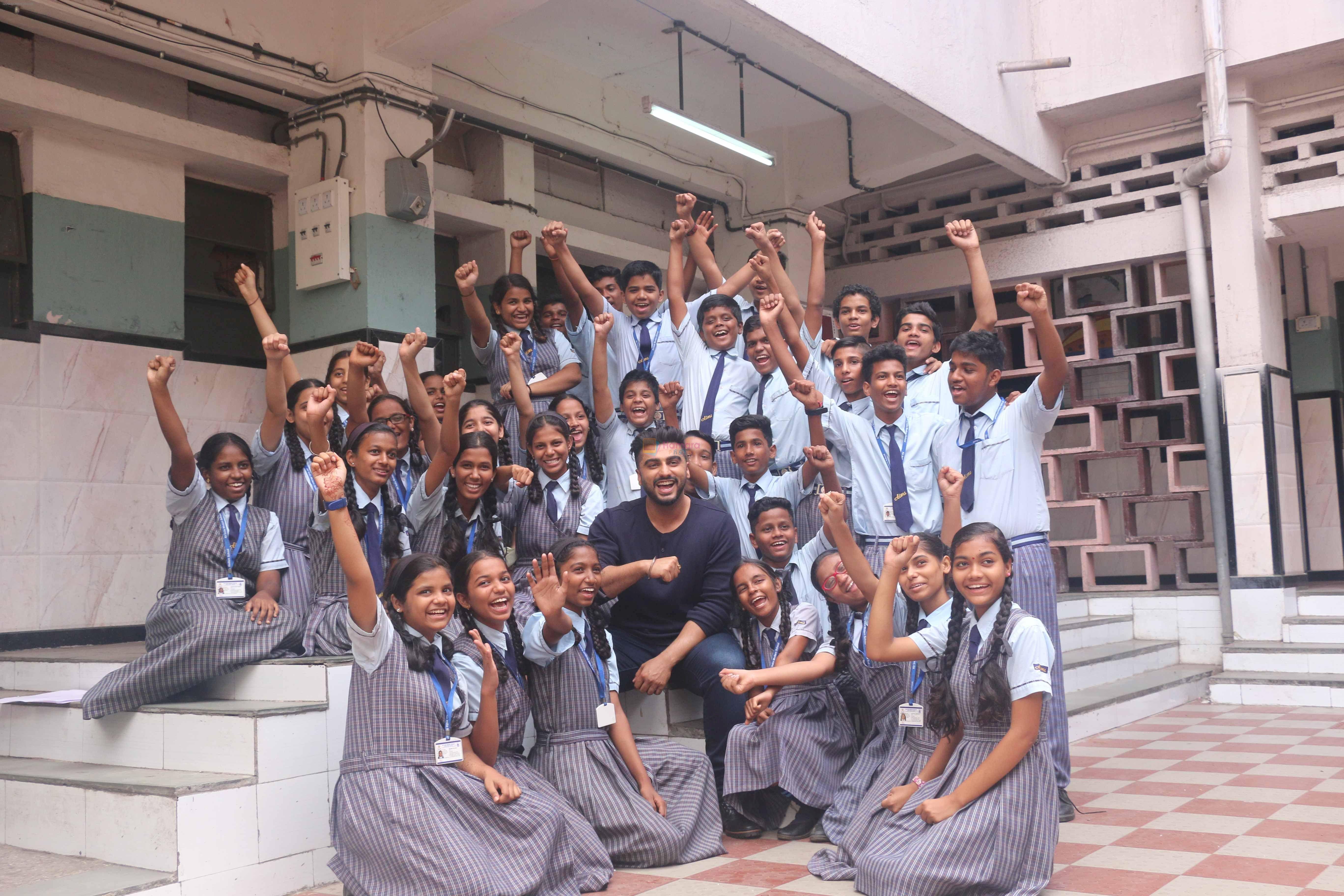 Arjun Kapoor, ambassador for Gender Equality of Girl Rising India Foundation shooting a campaign with 40 kids at Air India Modern School Kalina on 17th April 2018