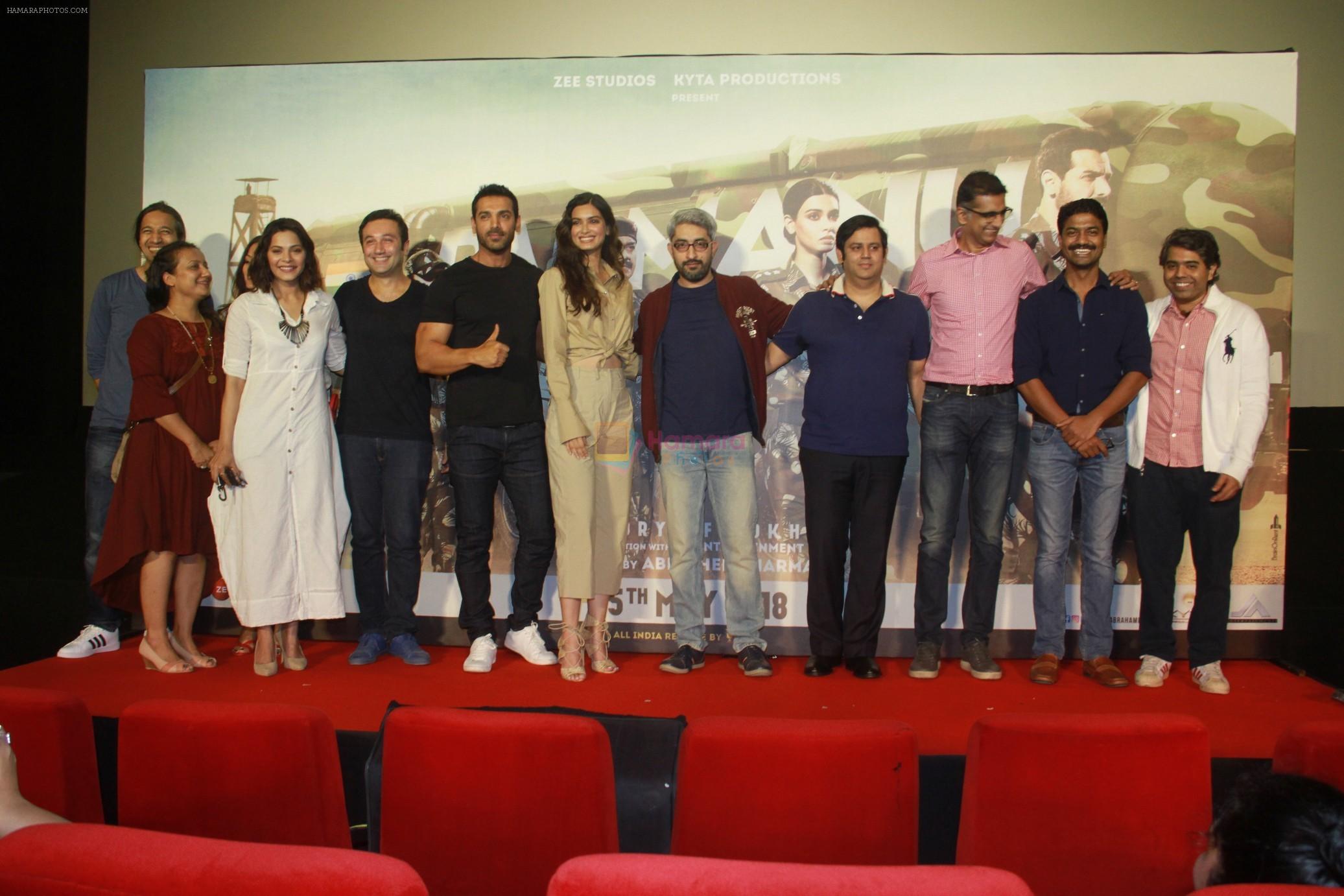 John Abraham, Diana Penty, Abhishek Sharma at the Trailer launch of film Parmanu in pvr ecx Andheri, Mumbai on 12th May 2018