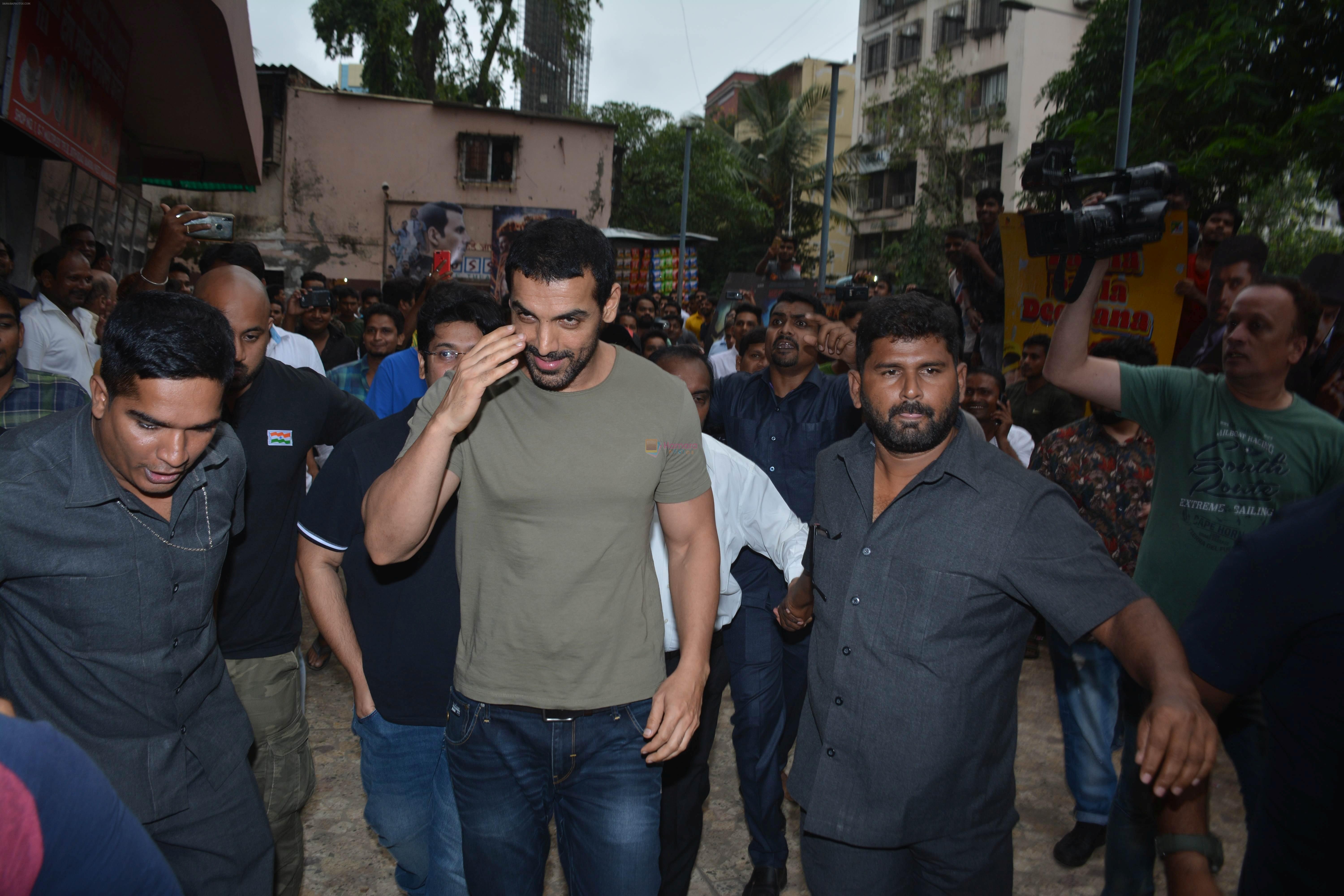 John Abraham visits the Gaiety theatre in bandra to check the audience response to his film Satyamev Jayate on 15th Aug 2018