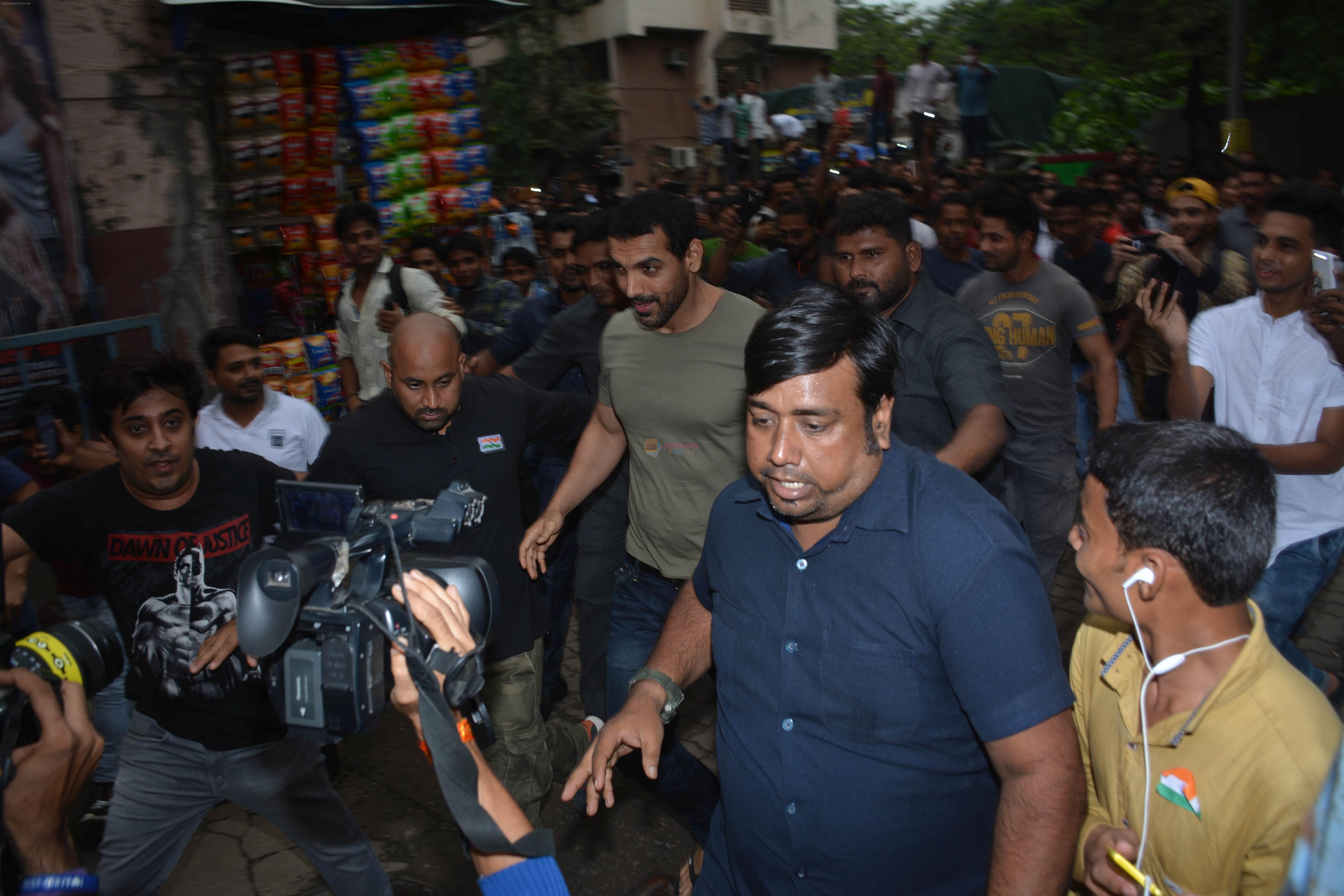 John Abraham visits the Gaiety theatre in bandra to check the audience response to his film Satyamev Jayate on 15th Aug 2018