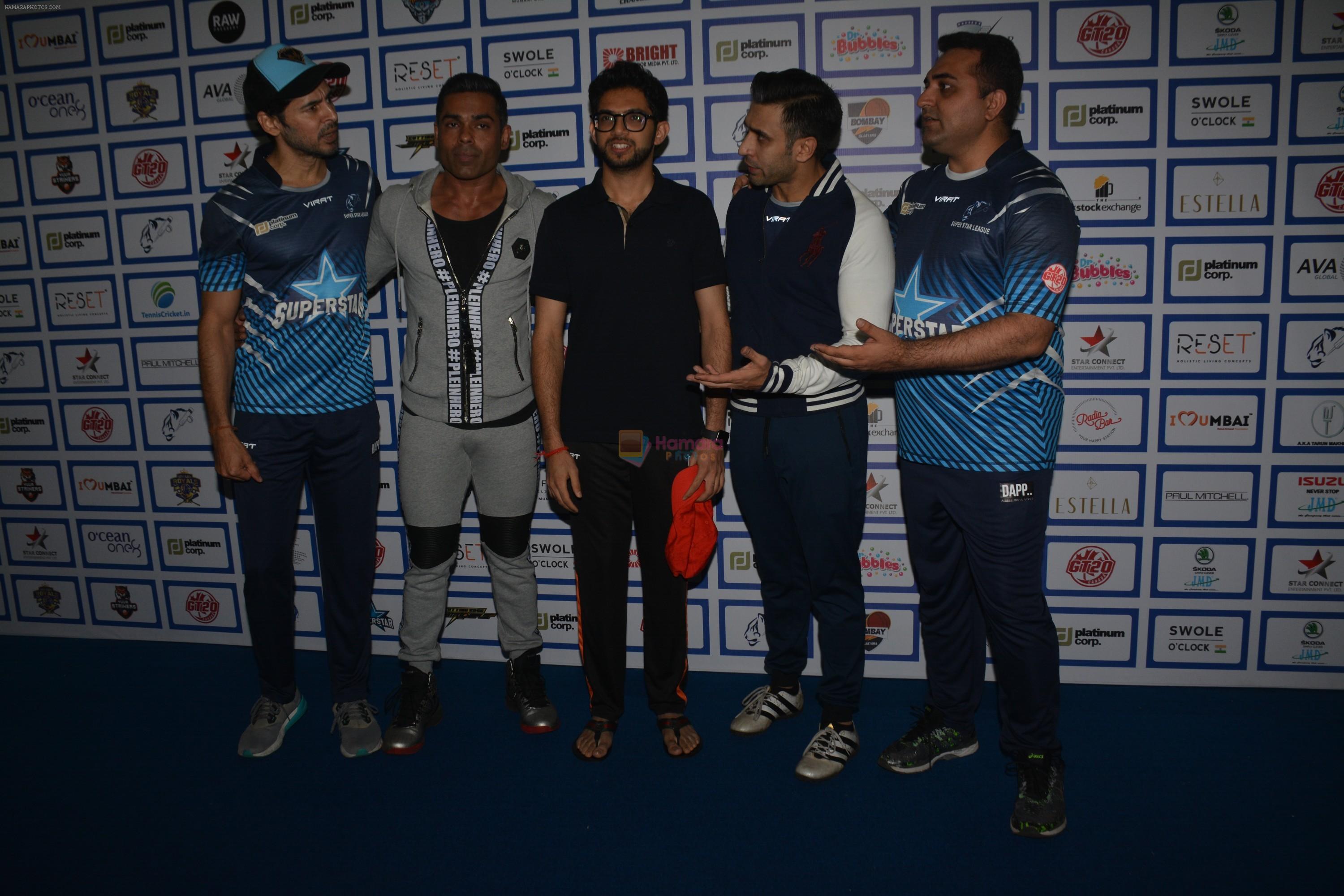 Dino Morea, Aditya Thackeray during The Inaugural Match Of Super Star League At Bandra on 7th Jan 2019