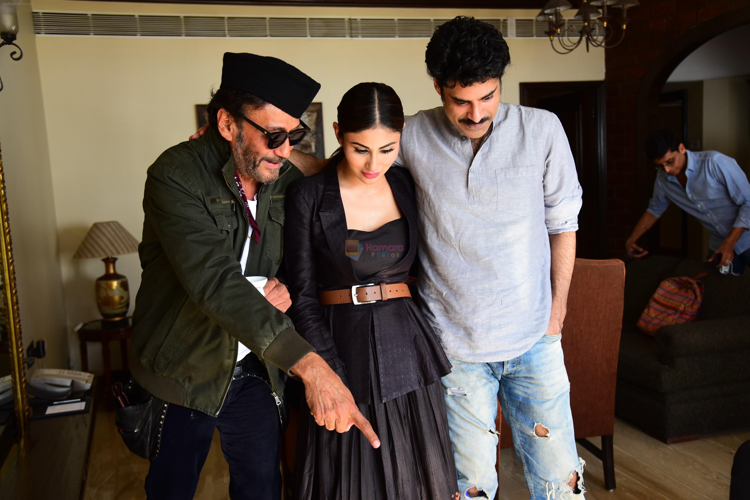 Jackie Shroff, Mouni Roy & Sikander Kher during the promotions of film Raw at Sun n Sand in juhu on 18th March 2019