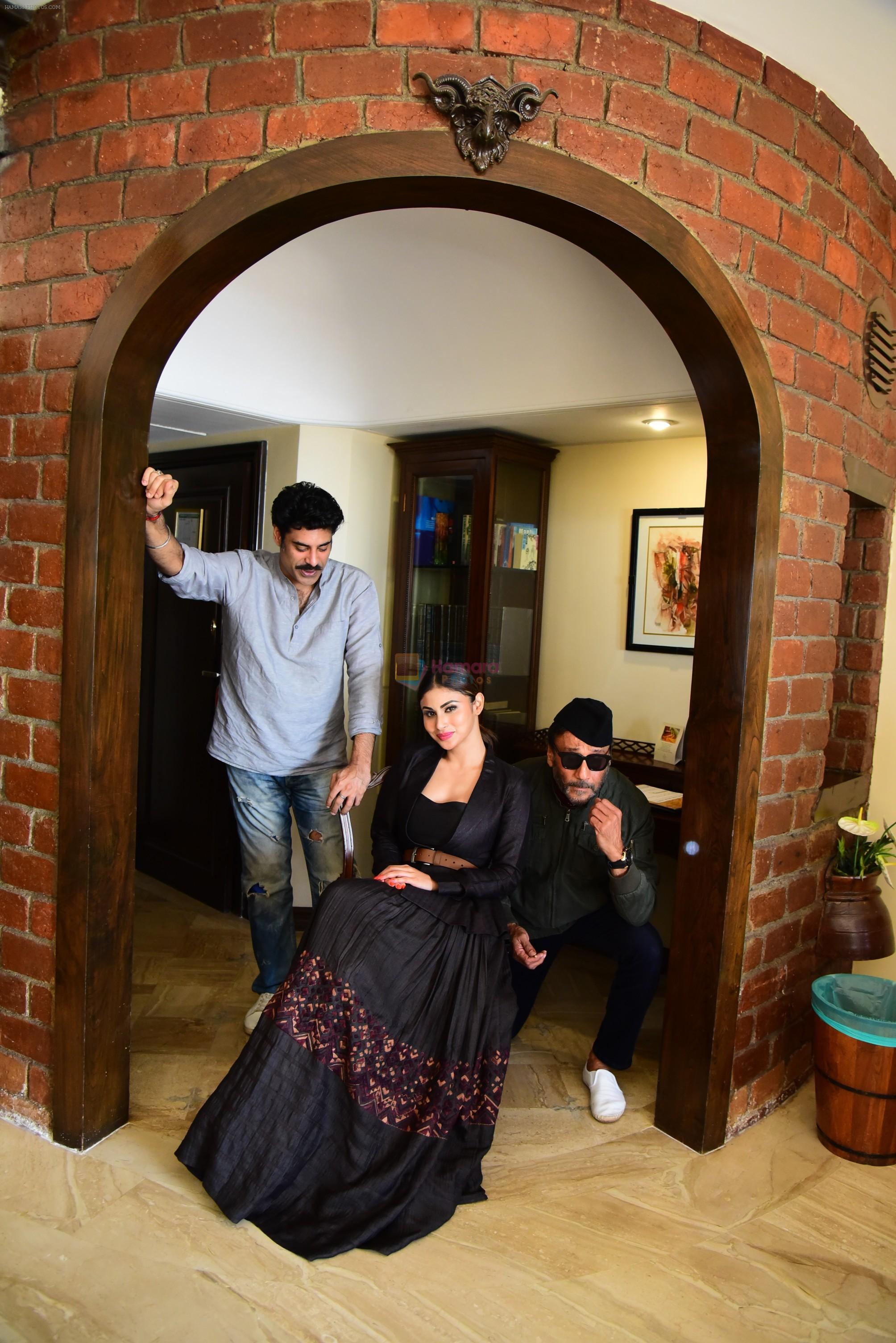 Jackie Shroff, Mouni Roy & Sikander Kher during the promotions of film Raw at Sun n Sand in juhu on 18th March 2019
