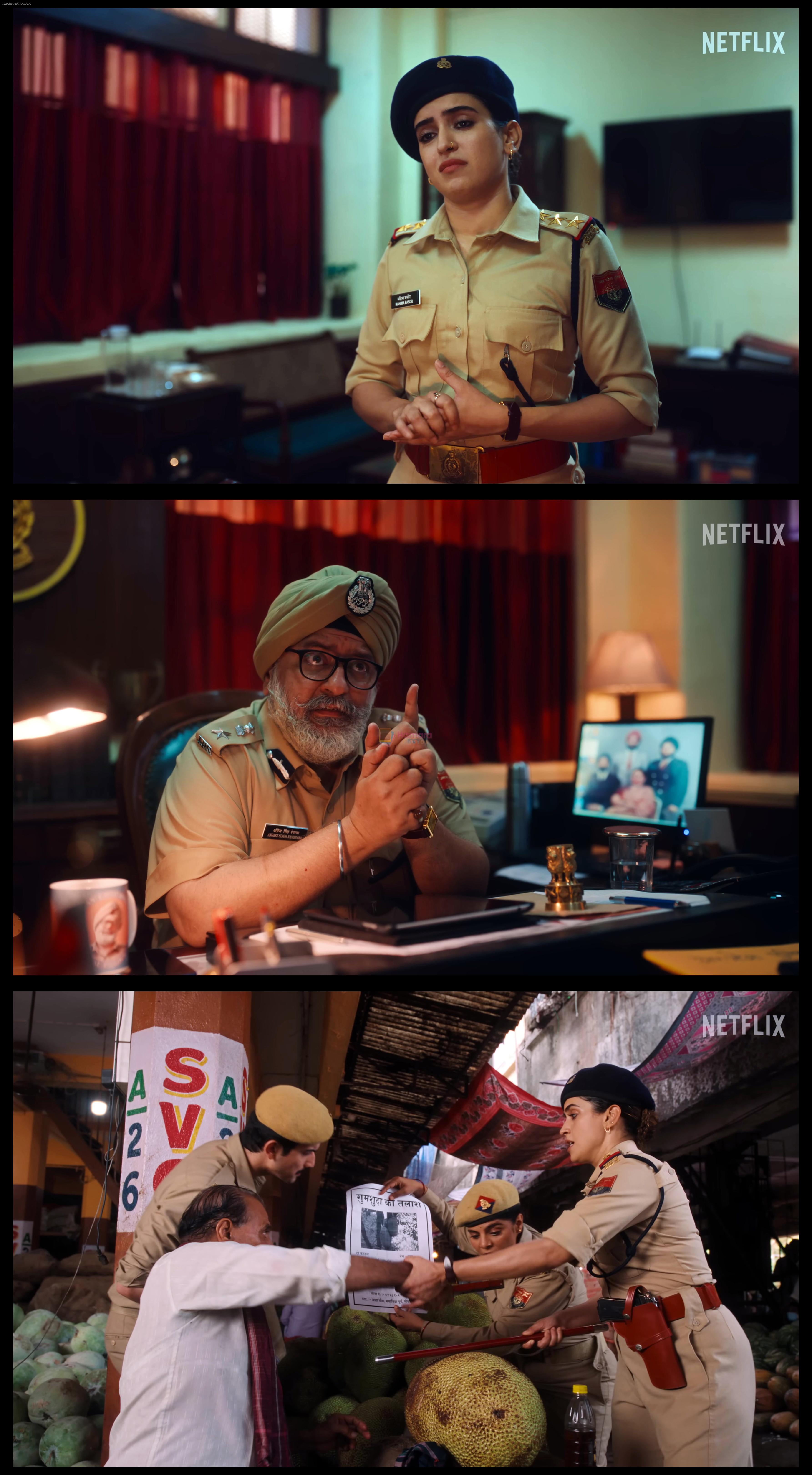 Sanya Malhotra as Mahima Basor and Gurpal Singh as SP Angrez Singh Randhawa in Kathal A Jackfruit Mystery Movie Still