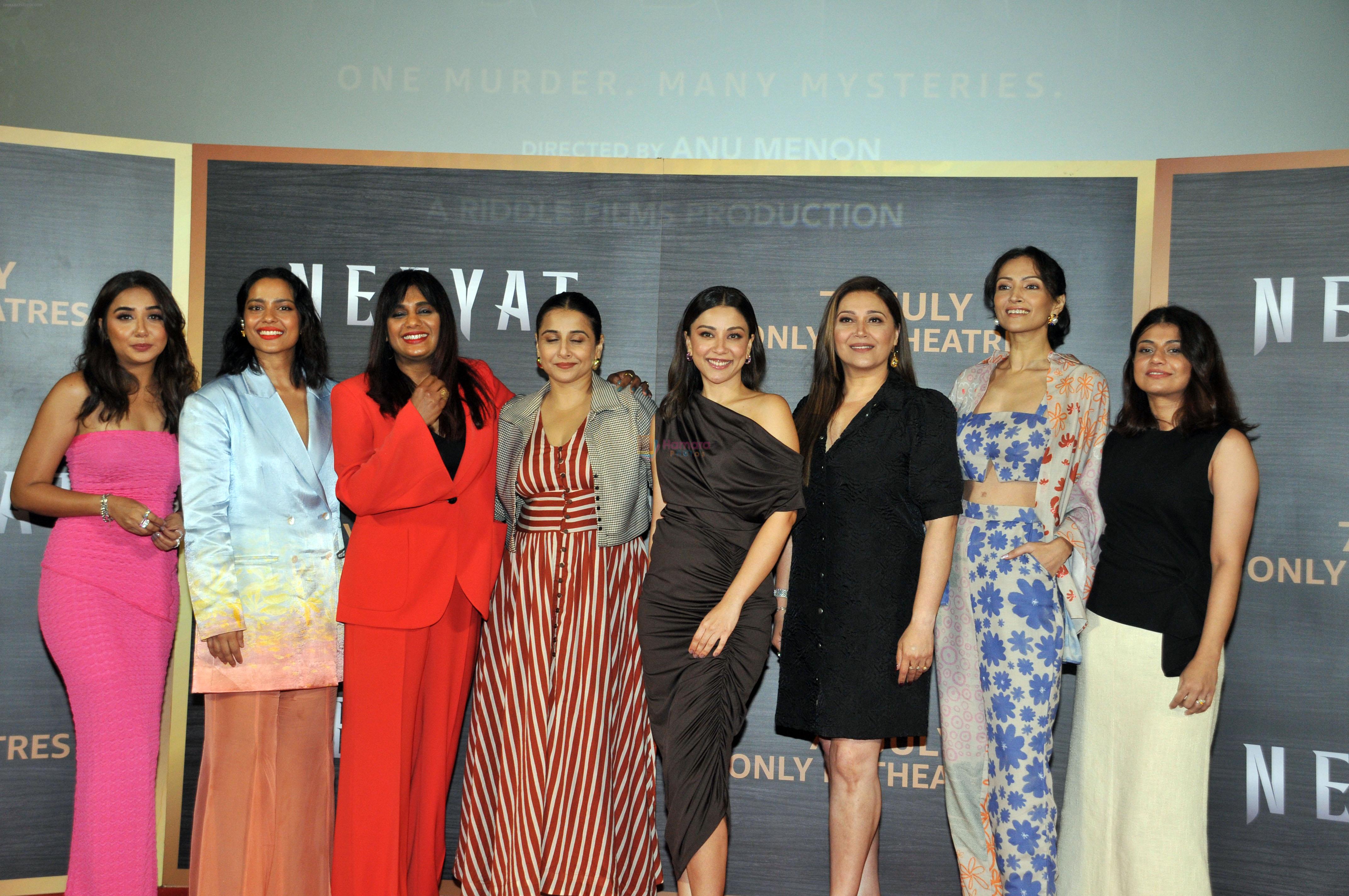 Prajakta Koli, Shahana Goswami, Anu Menon, Vidya Balan, Amrita Puri, Niki Aneja Walia, Dipannita Sharma at the Press Conference of film Neeyat on 5 July 2023