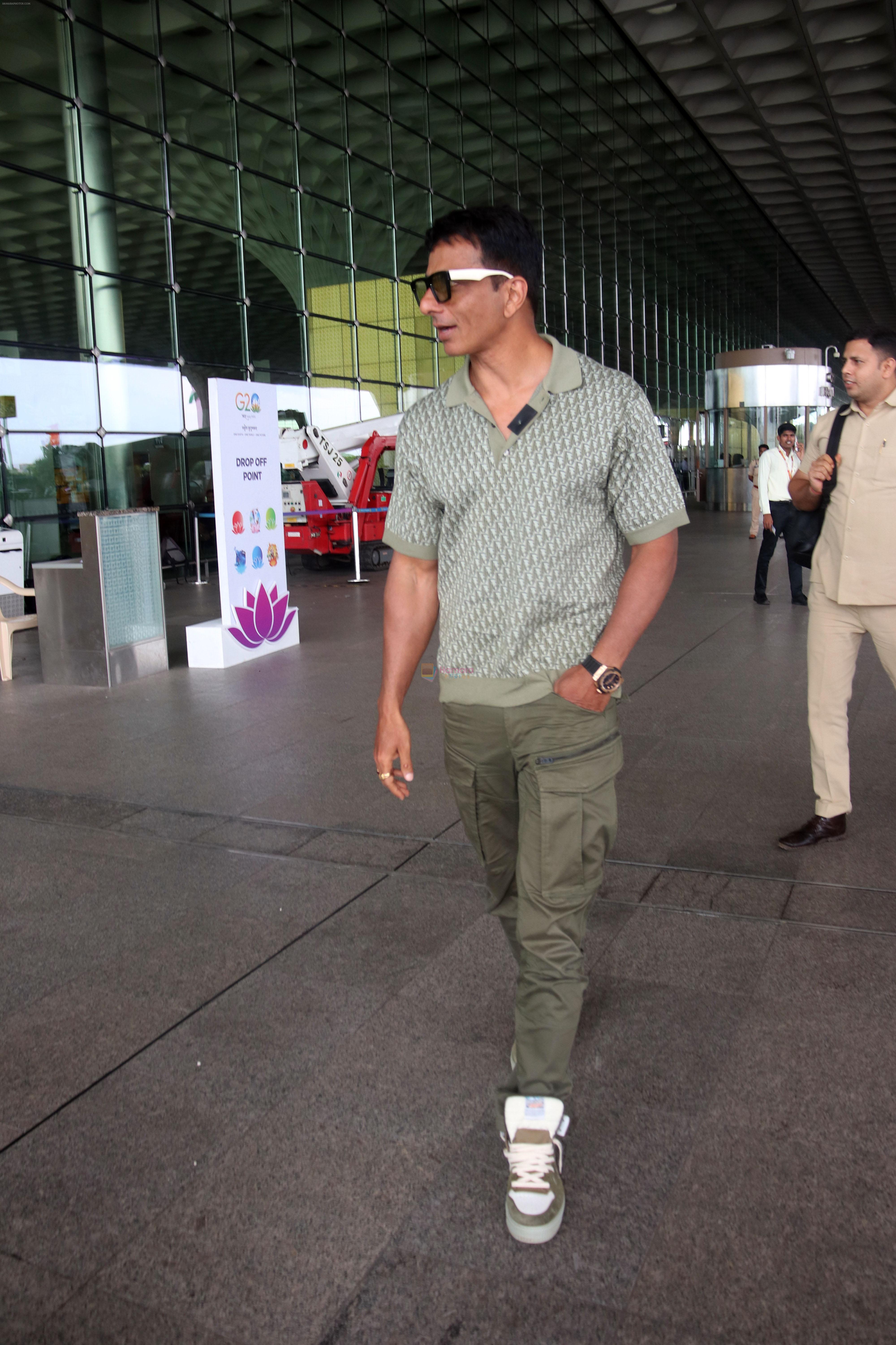 Sonu Sood seen at the airport on 6 July 2023
