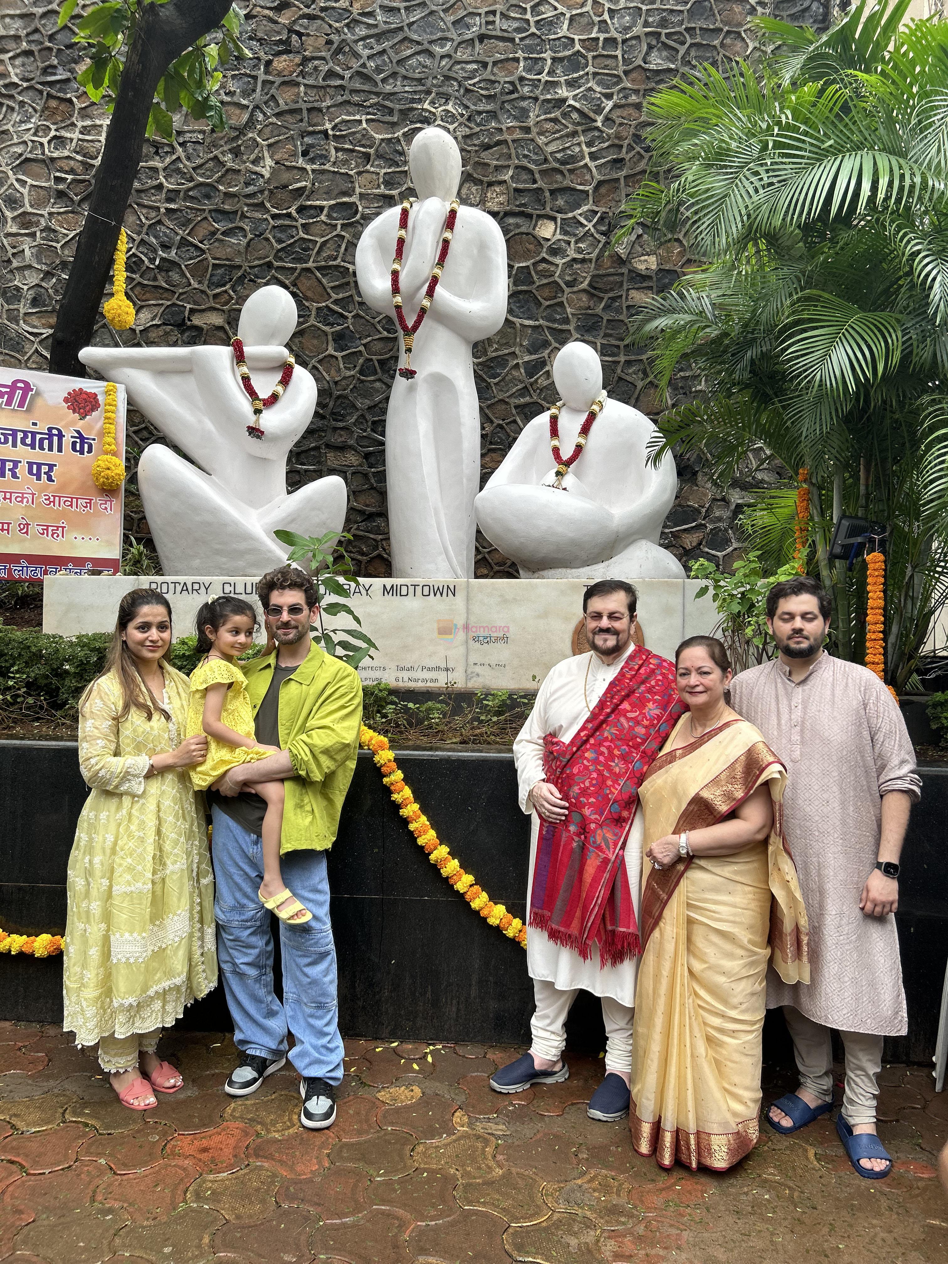 Naman Nitin Mukesh, Neil Nitin Mukesh, Nishi Mukesh, Nitin Mukesh, Nurvi Neil Mukesh, Rukmini Sahay attend the 100th birth anniversary of Mukesh Ji paying Humble Tribute at Mukesh Chowk on 22 July 2023