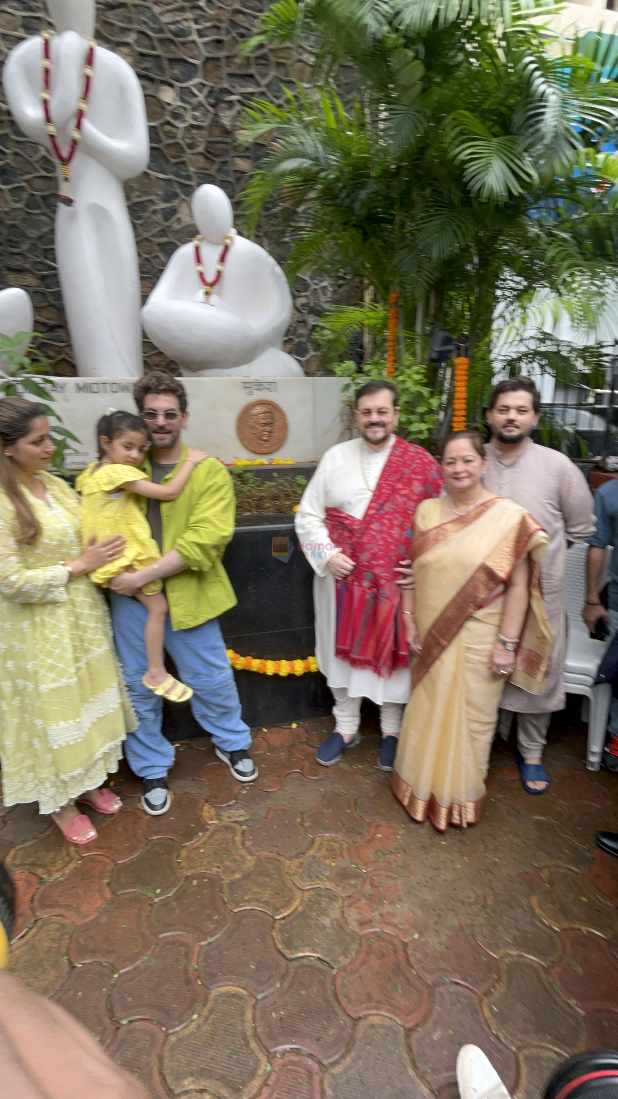 Naman Nitin Mukesh, Neil Nitin Mukesh, Nishi Mukesh, Nitin Mukesh, Nurvi Neil Mukesh, Rukmini Sahay attend the 100th birth anniversary of Mukesh Ji paying Humble Tribute at Mukesh Chowk on 22 July 2023