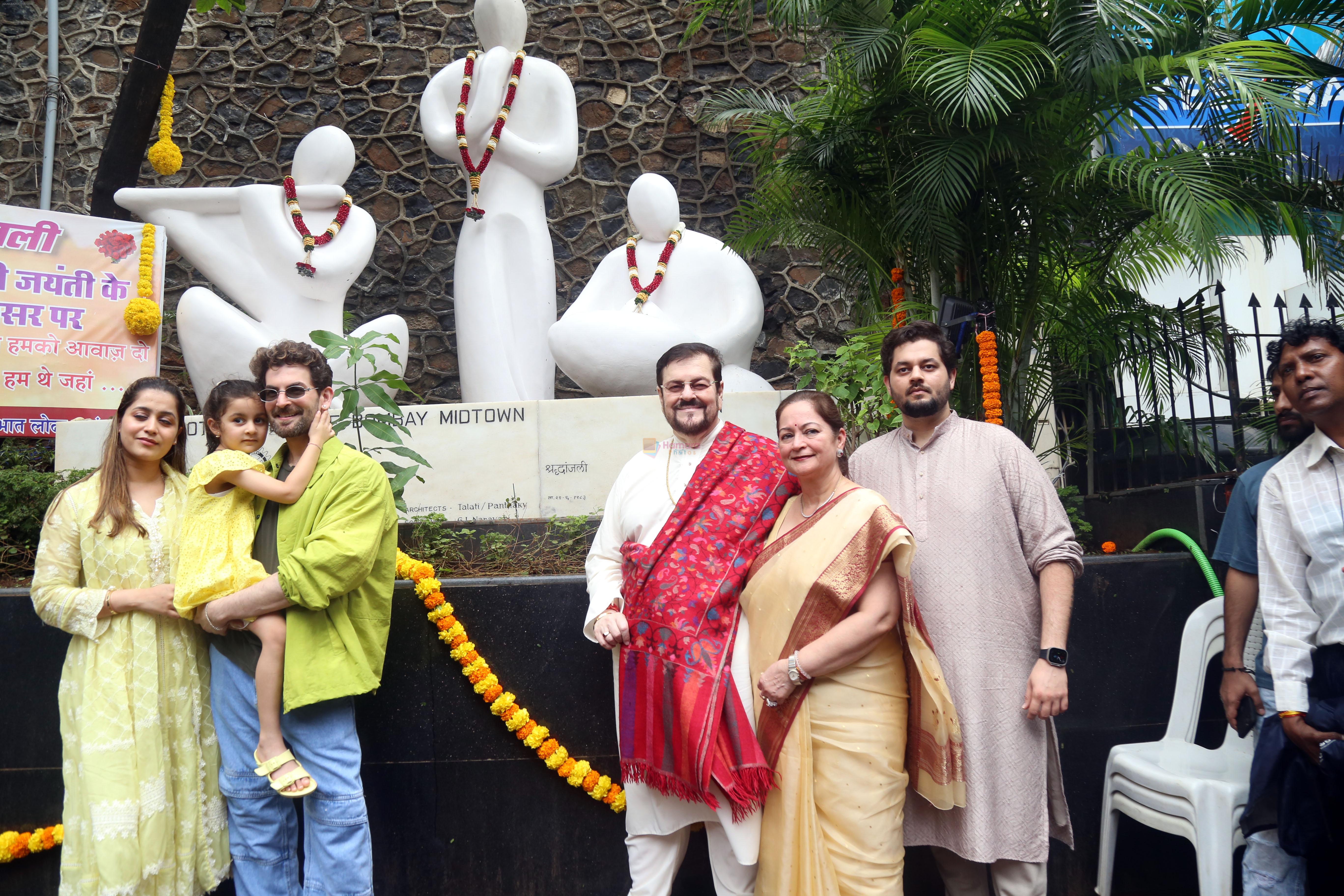 Naman Nitin Mukesh, Neil Nitin Mukesh, Nishi Mukesh, Nitin Mukesh, Nurvi Neil Mukesh, Rukmini Sahay attend the 100th birth anniversary of Mukesh Ji paying Humble Tribute at Mukesh Chowk on 22 July 2023