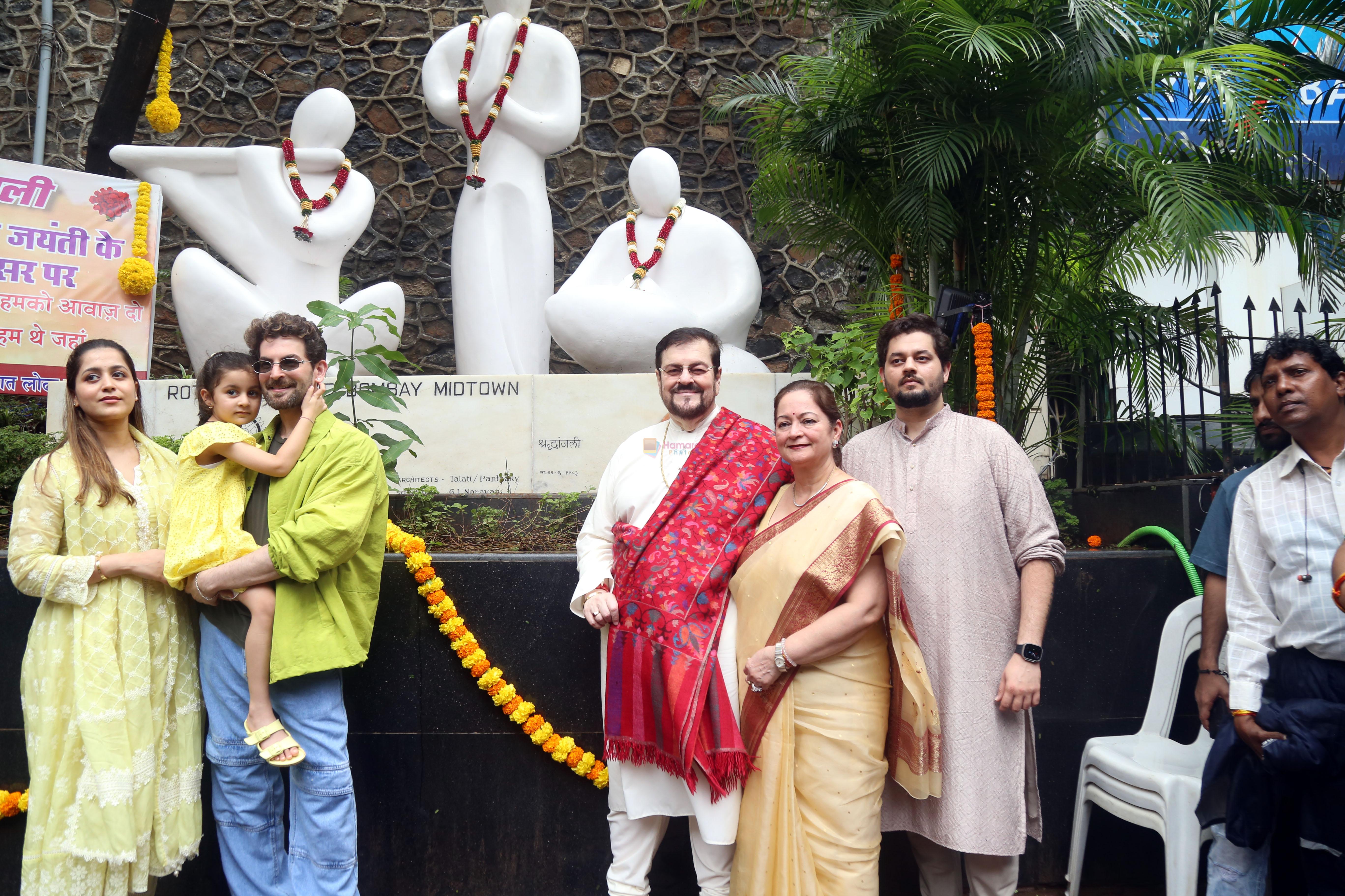 Naman Nitin Mukesh, Neil Nitin Mukesh, Nishi Mukesh, Nitin Mukesh, Nurvi Neil Mukesh, Rukmini Sahay attend the 100th birth anniversary of Mukesh Ji paying Humble Tribute at Mukesh Chowk on 22 July 2023