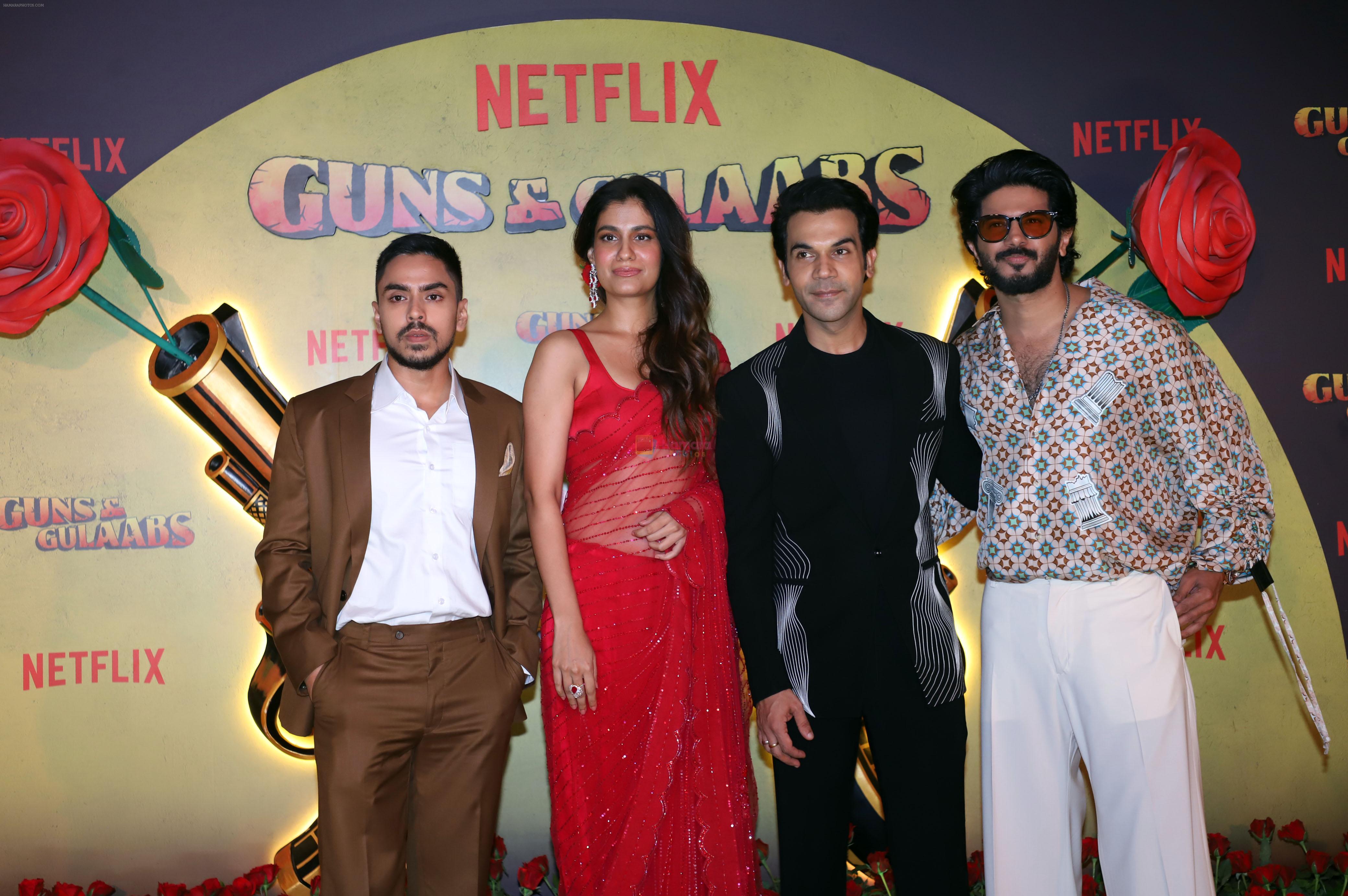 Adarsh Gourav, Dulquer Salmaan, Rajkummar Rao, Shreya Dhanwanthary at the premiere of Netflix Web Series Guns and Gulaabs on 16th August 2023