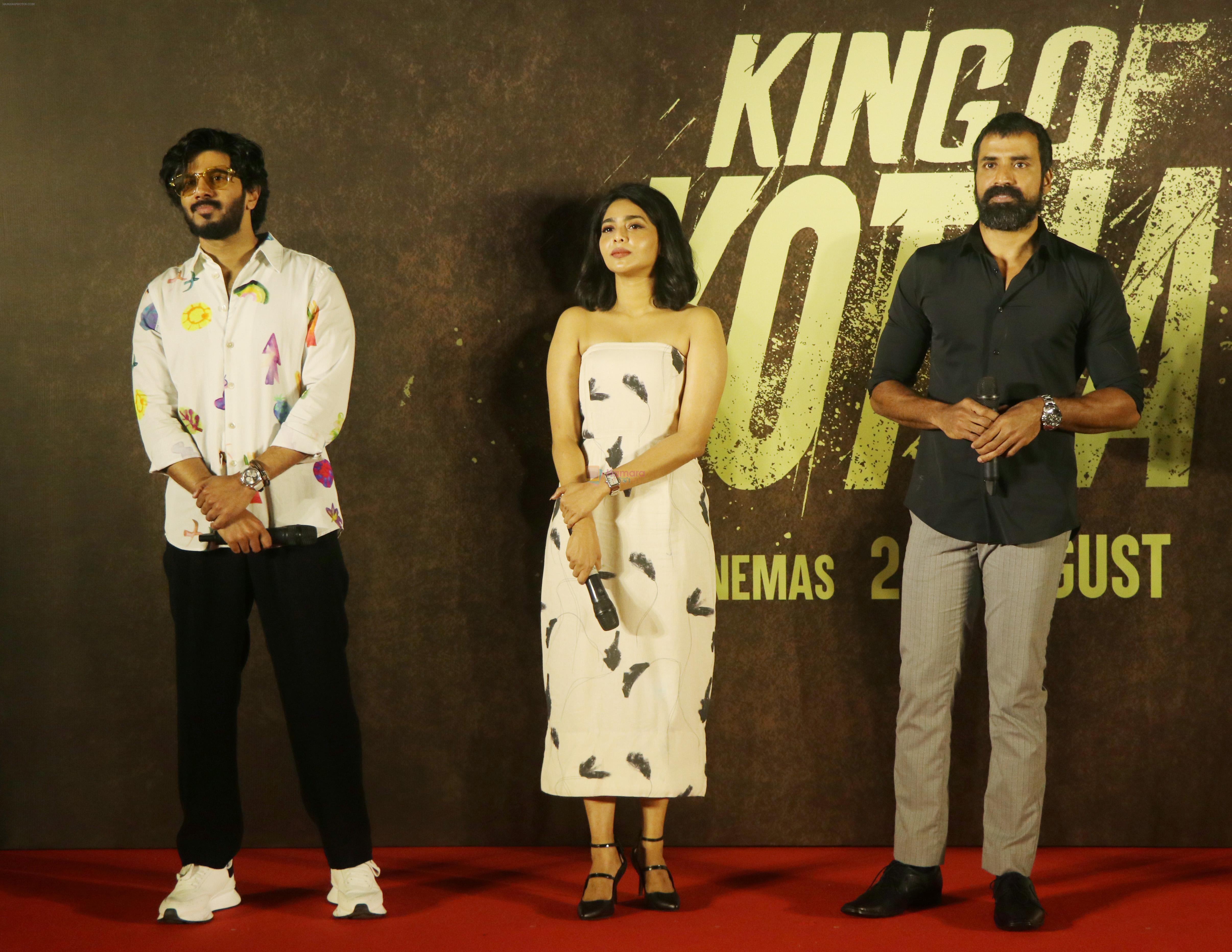Aishwarya Lekshmi, Dulquer Salmaan, Shabeer Kallarakkal at the trailer and song launch of King of Kotha on 17th August 2023
