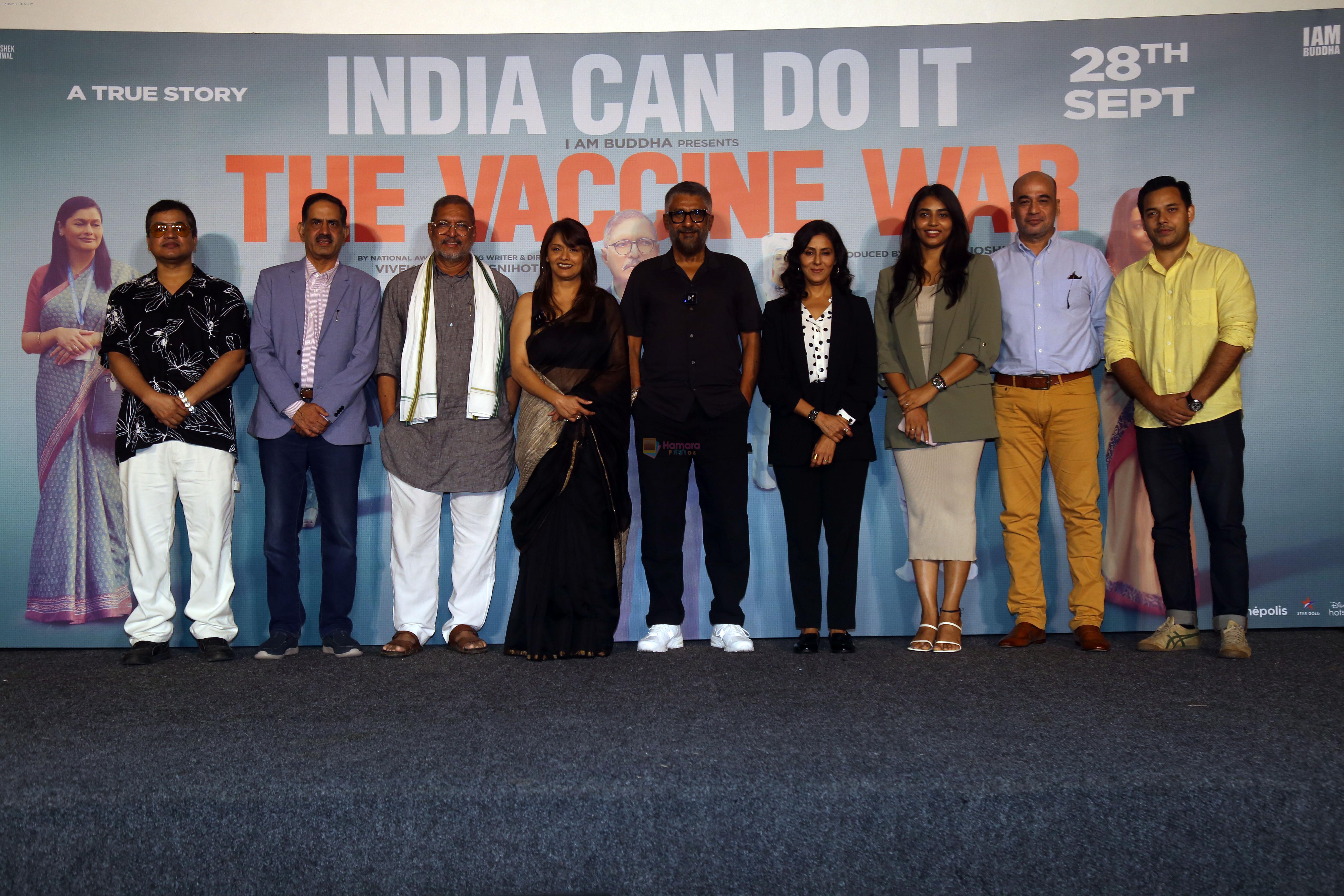 Balram Bhargava, Mohan Kapoor, Nana Patekar, Nivedita Bhattacharya, Pallavi Joshi, Sapthami Gowda, Vivek Agnihotri attends The Vaccine War Trailer Launch on 12th Sept 2023
