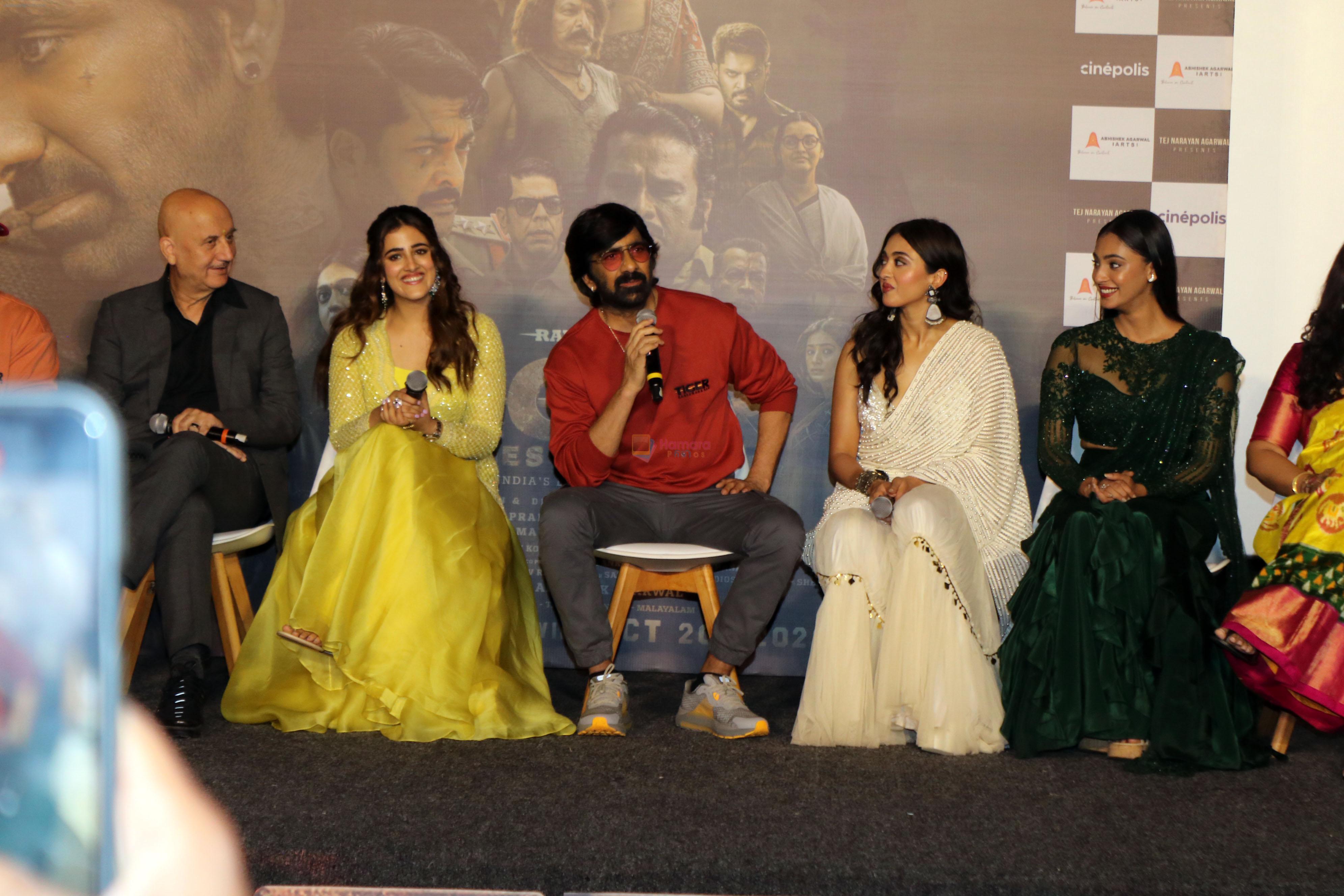 Anukreethy Vas, Anupam Kher, Gayatri Bhardwaj, Nupur Sanon, Ravi Teja at Tiger Nageswara Rao Trailer Launch on 3rd Oct 2023