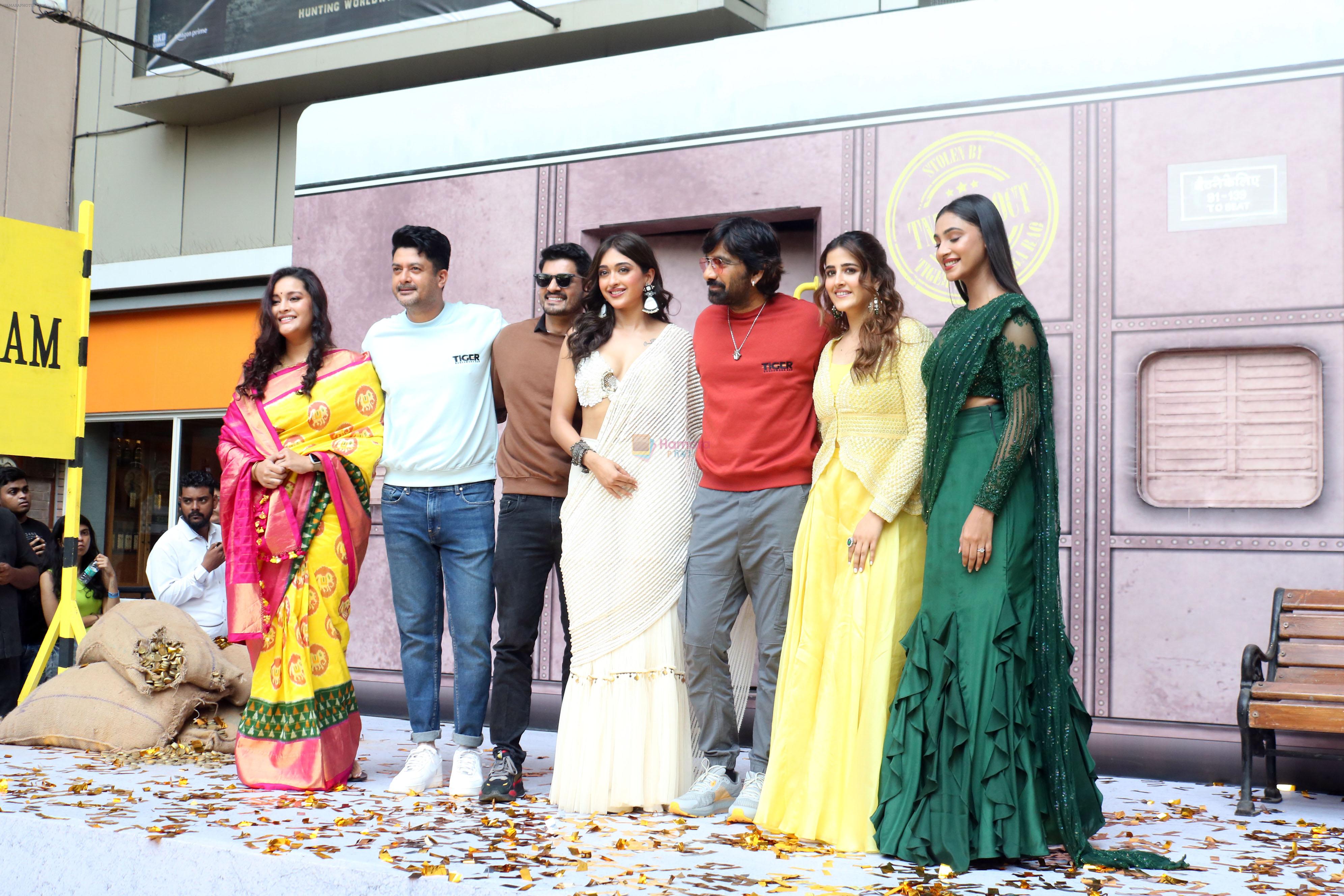 Anukreethy Vas, Gayatri Bhardwaj, Jisshu Sengupta, Nupur Sanon, Ravi Teja, Renu Desai, Sudev Nair at Tiger Nageswara Rao Trailer Launch on 3rd Oct 2023