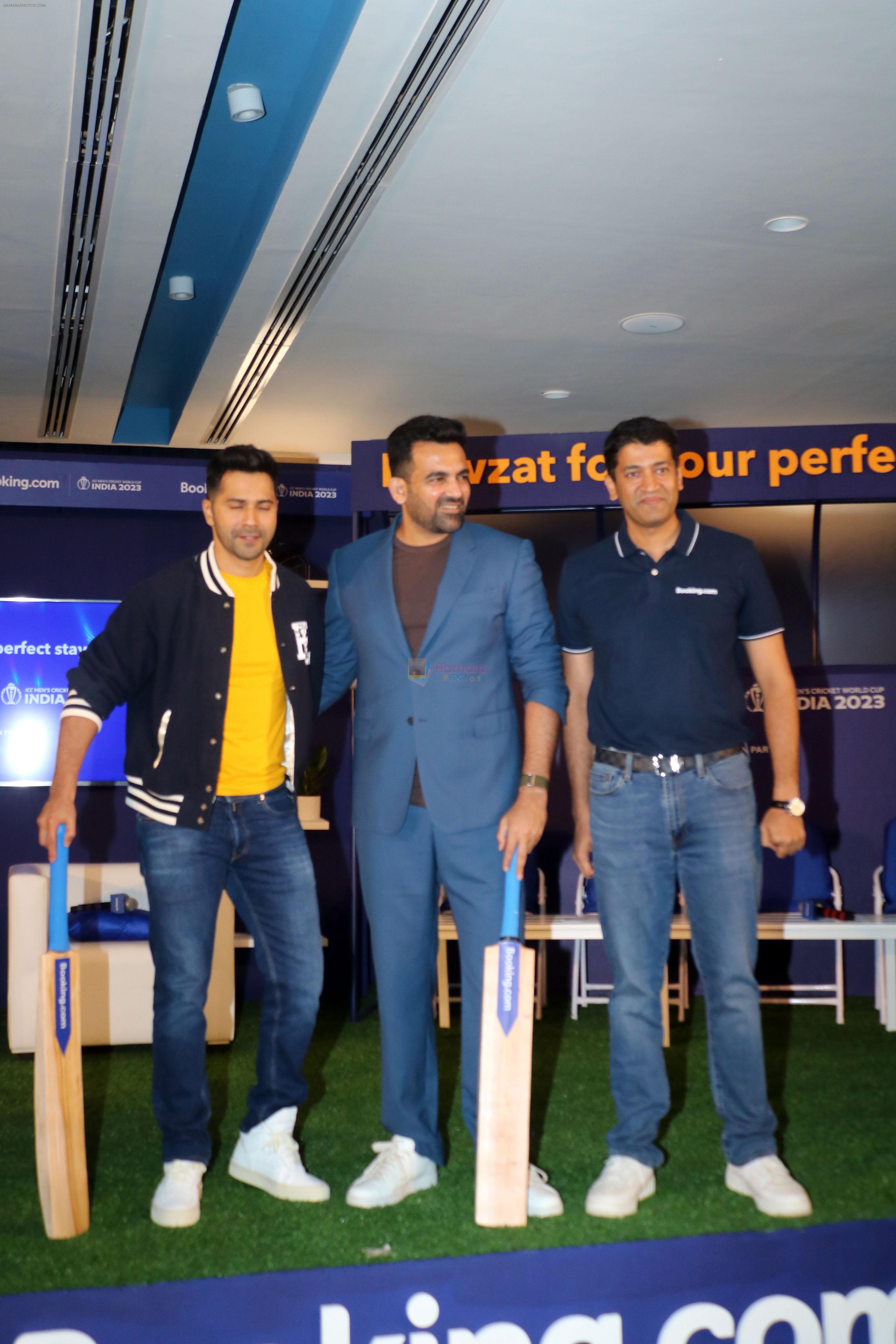 Santosh Kumar, Varun Dhawan, Zaheer Khan at booking.com being official accomodation partner for the ICC Men World Cup 2023 on 3rd Oct 2023