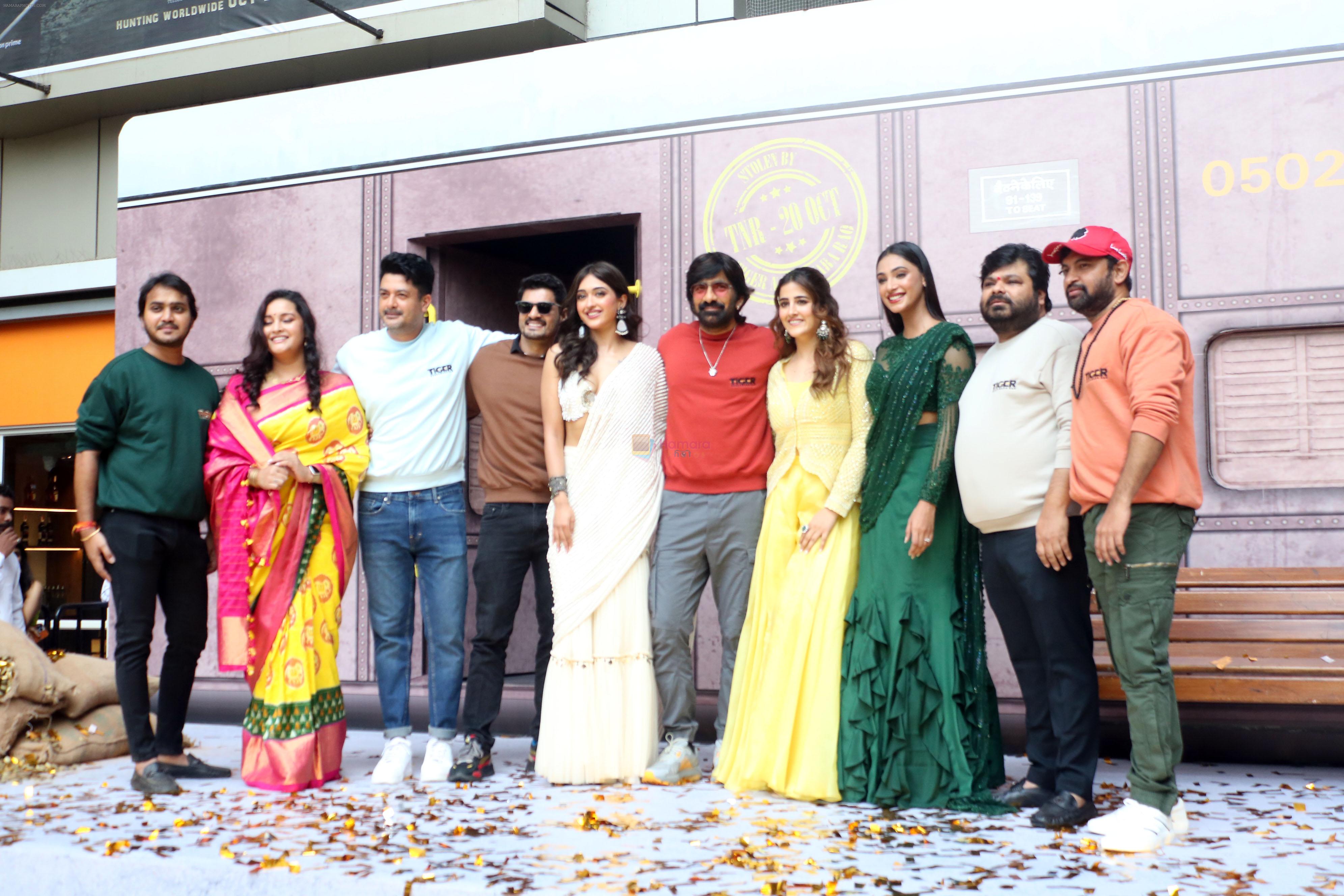 Abhishek Agarwal, Anukreethy Vas, Gayatri Bhardwaj, Jisshu Sengupta, Nupur Sanon, Ravi Teja, Renu Desai, Sudev Nair, Vamsi Krishna Naidu at Tiger Nageswara Rao Trailer Launch on 3rd Oct 2023