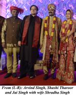 Arvind Singh, Shashi Tharoor and Jai Singh with wife Shradha Singh at the Reception of Jai Singh and Shradha Singh on 7th May 2013.jpg