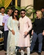 Priyanka Chopra and Nick Jonas posing for media after finishing their wedding puja at her Versova House on 28th Nov 2018