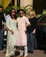 Priyanka Chopra and Nick Jonas posing for media after finishing their wedding puja at her Versova House on 28th Nov 2018