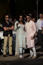 Priyanka Chopra and Nick Jonas posing for media after finishing their wedding puja at her Versova House on 28th Nov 2018