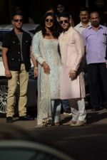Priyanka Chopra and Nick Jonas posing for media after finishing their wedding puja at her Versova House on 28th Nov 2018