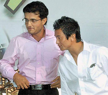 Sourav Ganguly and footballer Baichung Butia at the foundation stone