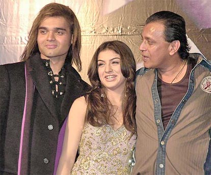 Mithun Chakraborty with his son Mimoh Chakraborty and actress Hansika