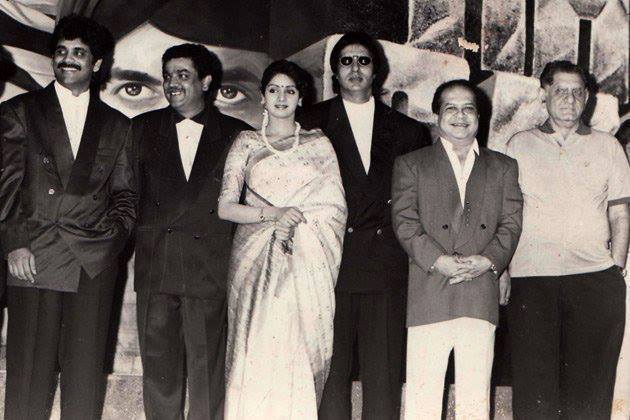 Anand Bakshi with Laxmikant, Amitabh Bachchan, Sridevi, Nagarjun & others in a function