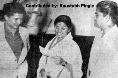 Lata rehearsalling a song with Laxmikant Pyarelal in the recording studio