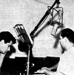 Mukesh recording a song with Manoj Kumar in the recording studio