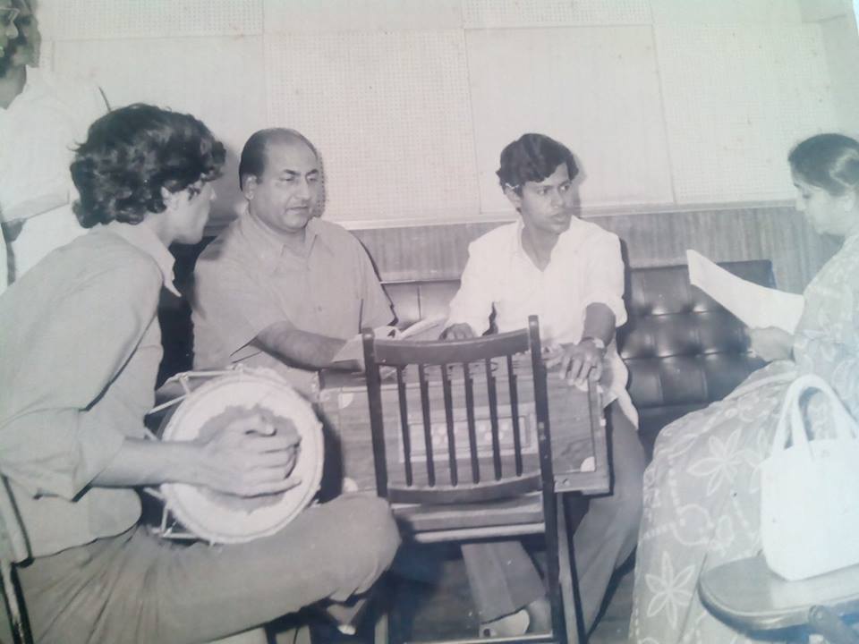 Mohd Rafi with Asha Bhosale rehearsals a song with music director Gorakh 