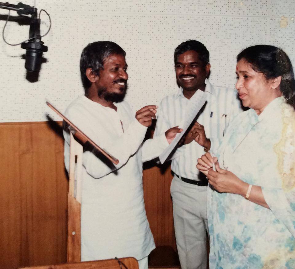 Asha with Illayaraj & others in the recording studio