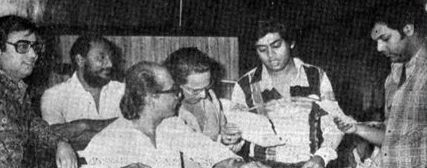 Amit Kumar, Shailendra Singh rehearsals a song with Salilda & others in the recording studio