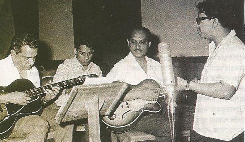 RD Burman with his musicians in the recording studio