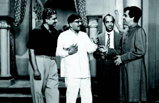 C Ramchandra discussing with Rajendra Krishnan, Dilip Kumar & others in the film shooting