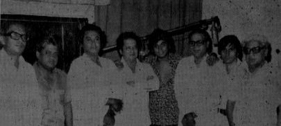 Kishoreda with Amit Kumar, Laxmikant Pyarelal & others in the recording studio